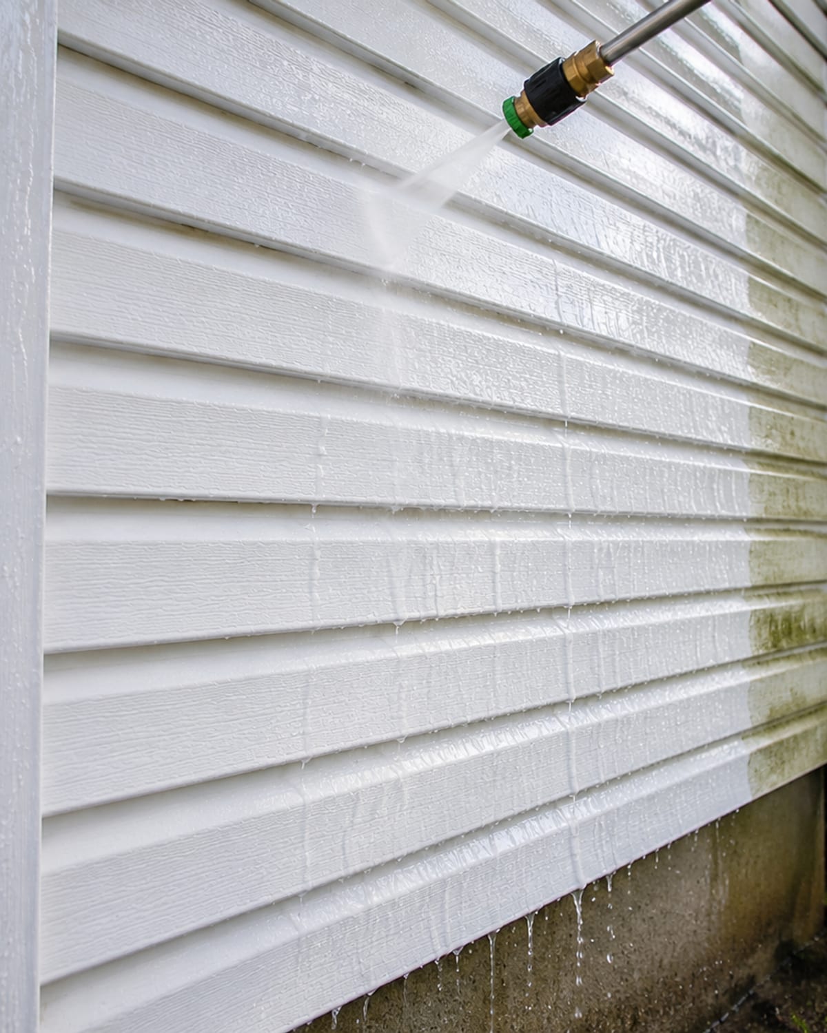 Close angled view of a freshly pressure washed white vinyl siding panel on a Dundalk Maryland colonial home showing clean surface with water streaming down