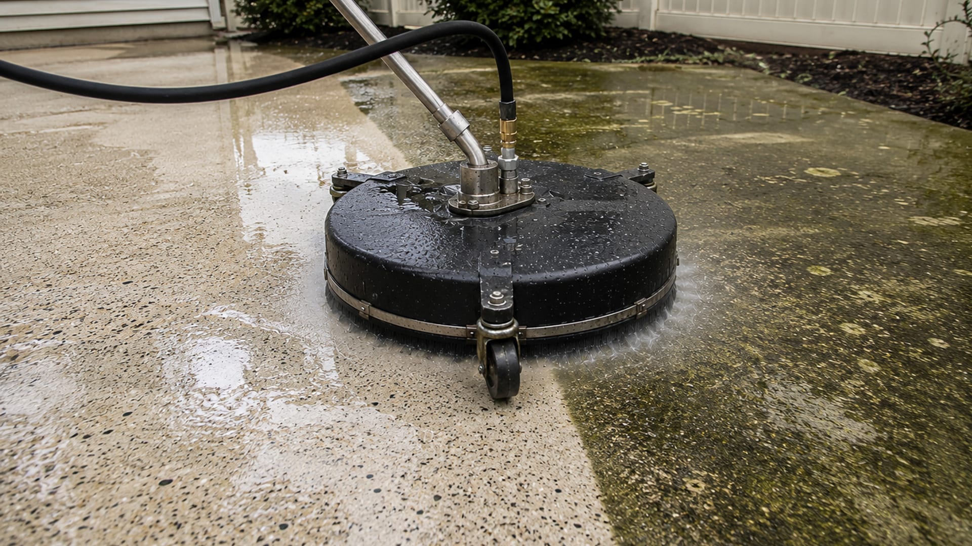 Close-up of a round surface cleaner attachment on a wet concrete patio showing clean and dirty halves side by side in Essex Maryland