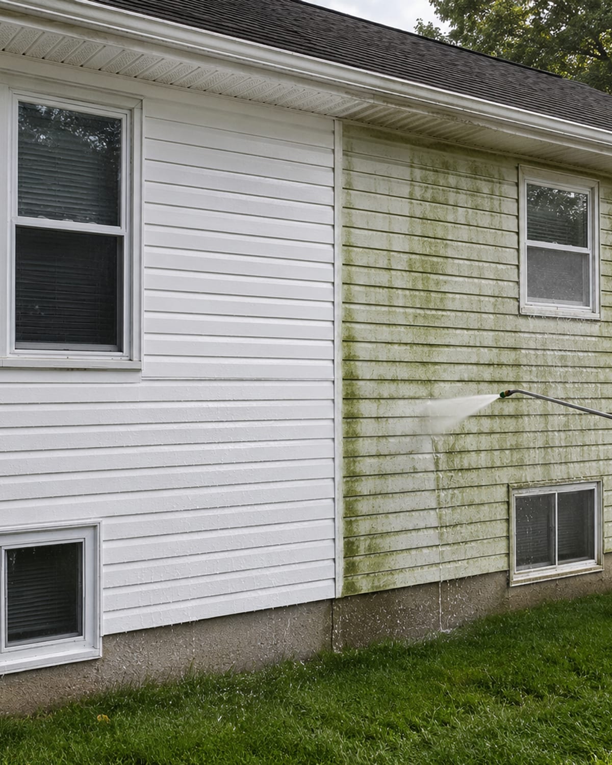 Side view of a vinyl-sided split-level home in Essex Maryland with one section freshly pressure washed bright white and the adjacent section still showing green mildew streaking