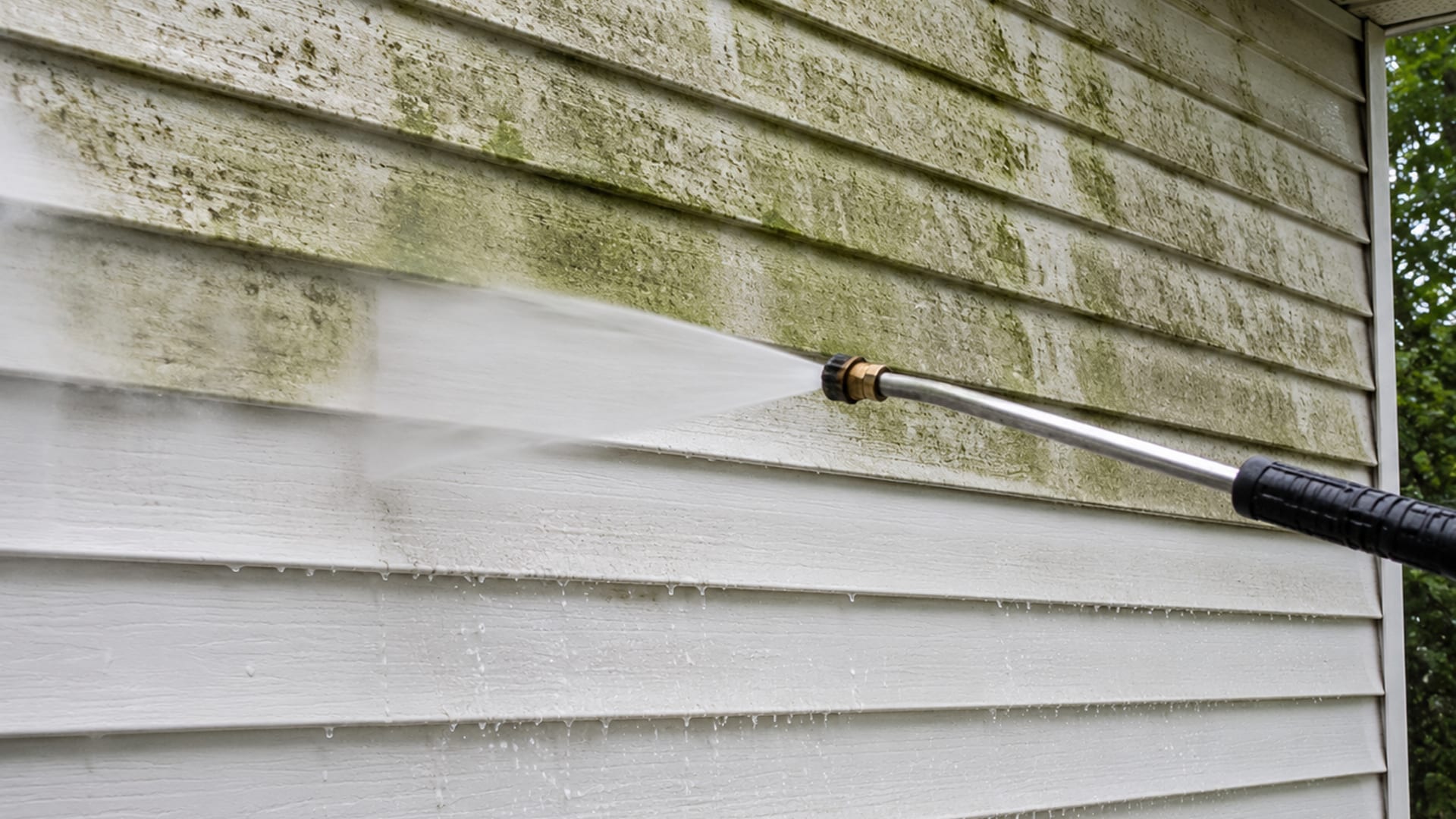 Close view of an unbranded pressure washing wand spraying a fan of water across dirty vinyl siding on a suburban Maryland home revealing a clean strip of bright white siding beneath heavy green algae staining
