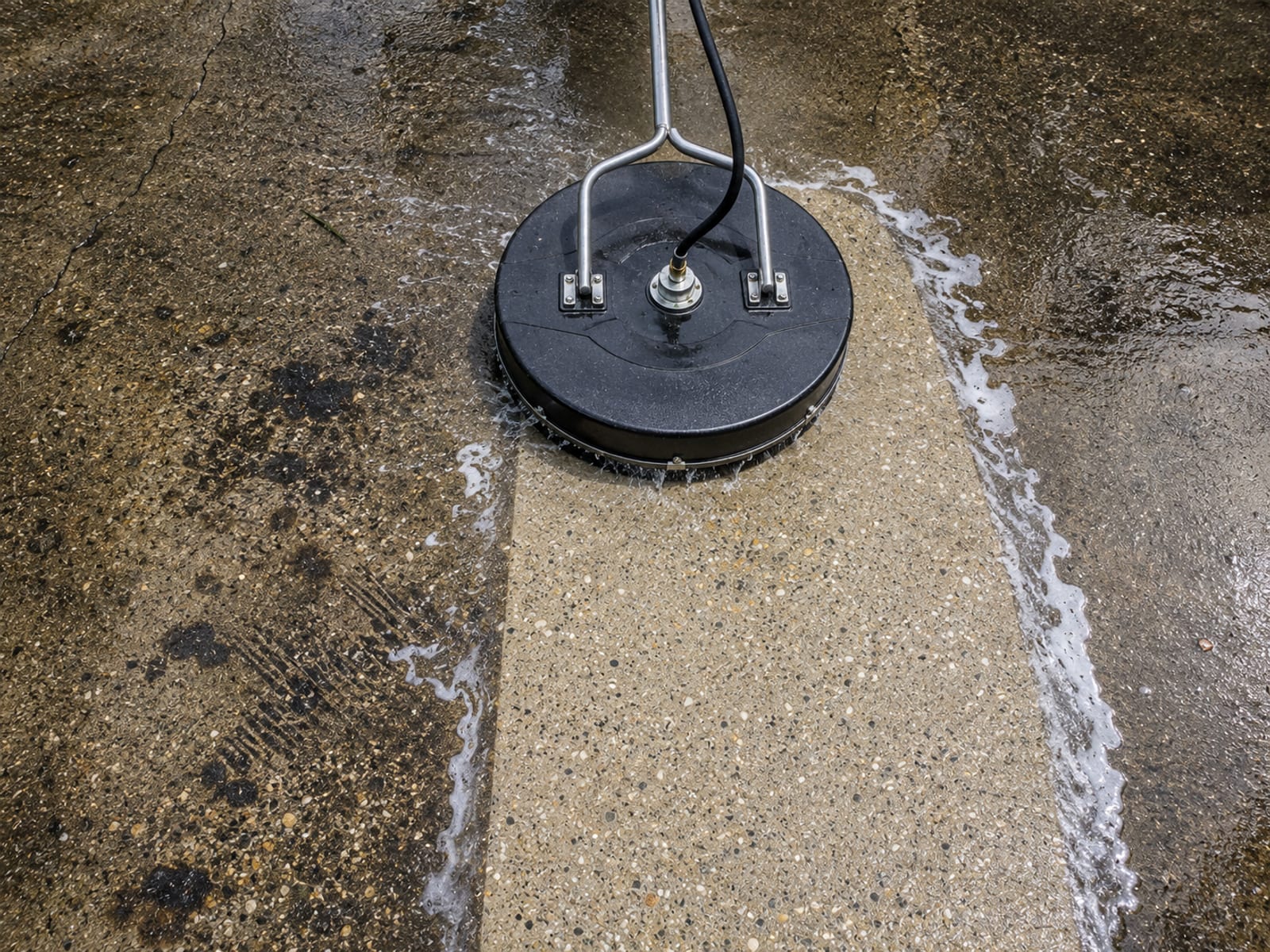 Overhead close view of a round surface cleaner attachment moving across a stained concrete driveway showing a sharp boundary between dark oil and algae stained concrete and freshly cleaned bright gray concrete