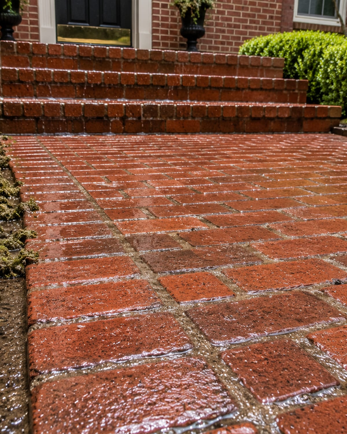 Ground level close view of a freshly pressure washed brick front walkway and entry steps on a suburban Maryland colonial home with wet glistening brick surfaces and cleared moss and lichen residue