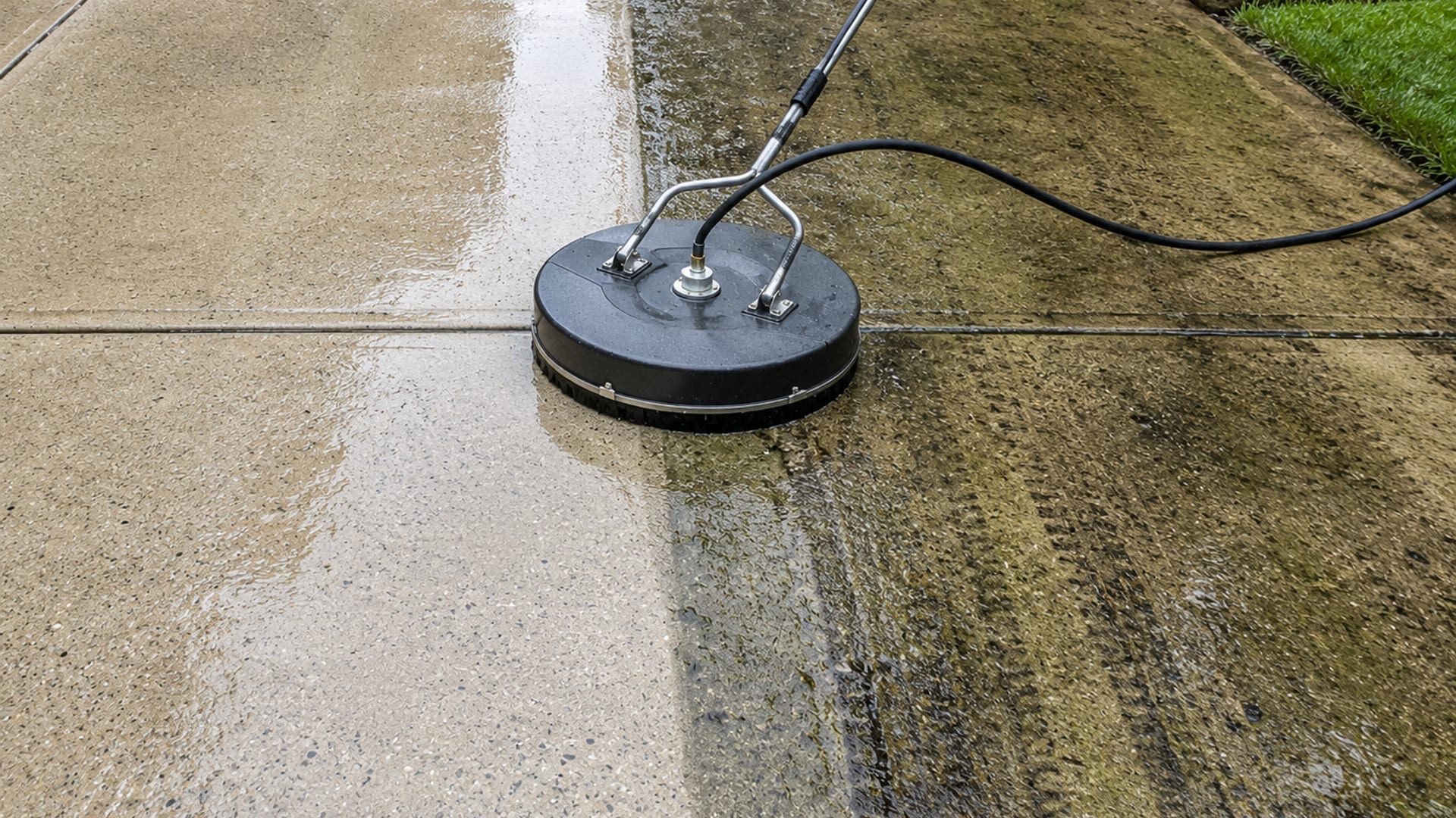 Close view of a concrete driveway being pressure washed with a surface cleaner attachment showing a clean half and stained half contrast in a Timonium Maryland suburb