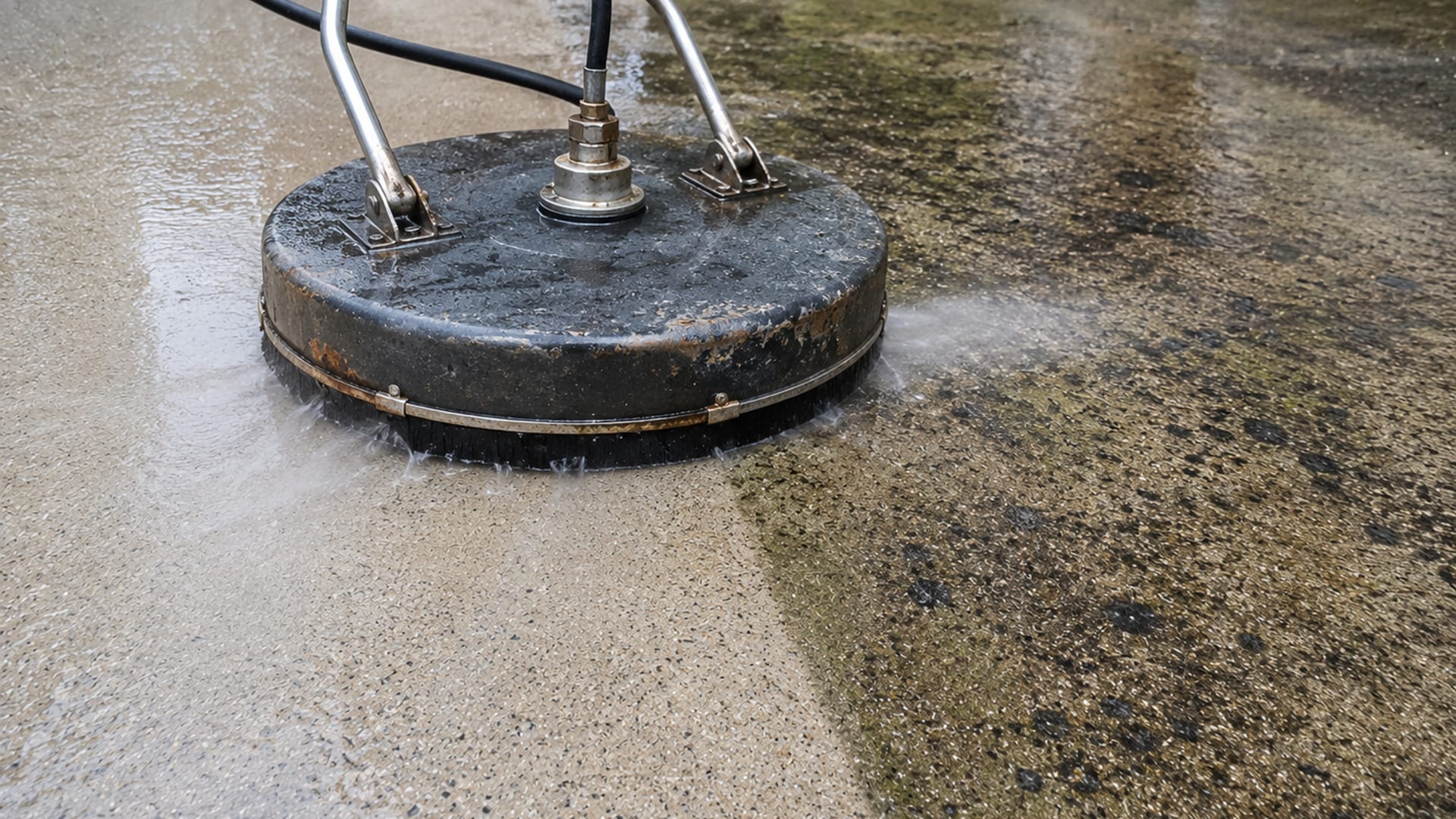 Close view of a circular surface cleaner attachment moving across a stained residential concrete driveway, revealing a stark clean path against weathered grey concrete