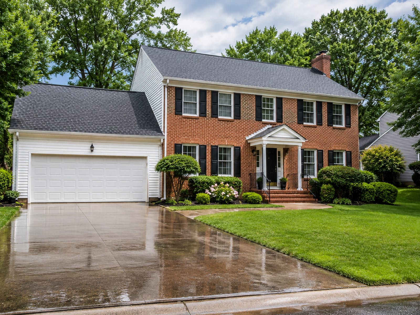 Wide front view of a freshly pressure washed brick and vinyl-sided colonial home in a Middle River Maryland suburb, driveway and walkway gleaming wet under bright midday sun