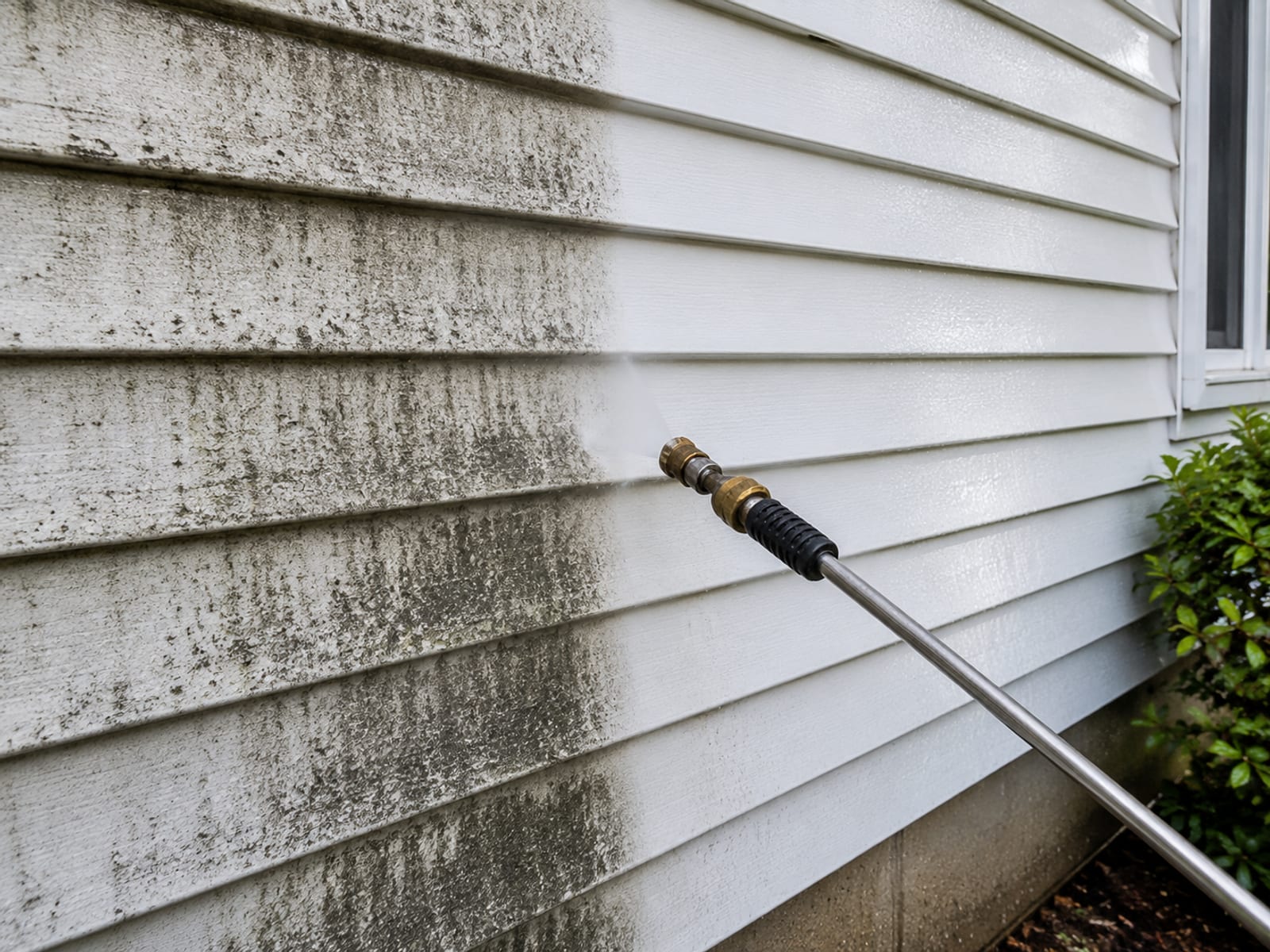 Side angle close-up of a residential vinyl siding panel being cleaned with a soft-wash wand, left half showing black mildew streaks and right half revealing bright white clean vinyl