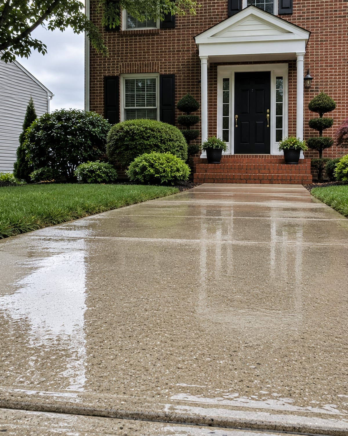 Ground level view down a freshly pressure washed concrete front walkway leading to a brick colonial home entrance, surface bright white and still wet with water sheen under overcast Maryland sky