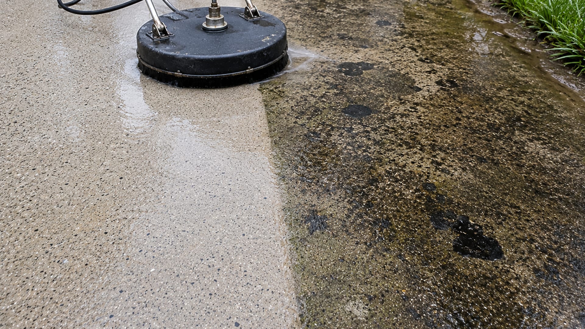 Close view of a suburban concrete driveway surface showing a sharp clean line between freshly pressure washed bright concrete and the adjacent stained dark section still covered in oil and algae