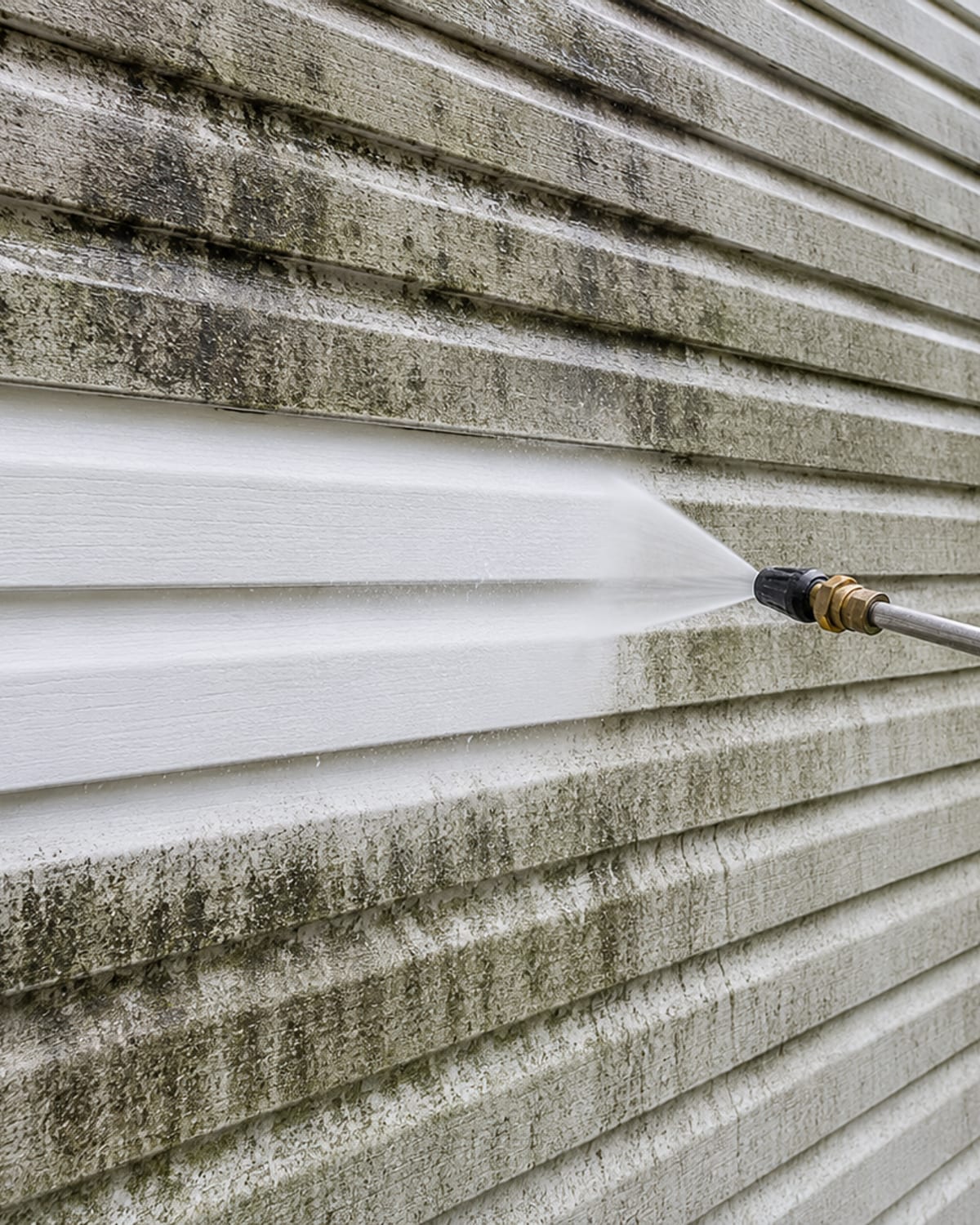 Close detail of white vinyl lap siding on a Maryland home showing a pressure wash wand clearing a path of bright clean siding through black and green mildew staining across the surface