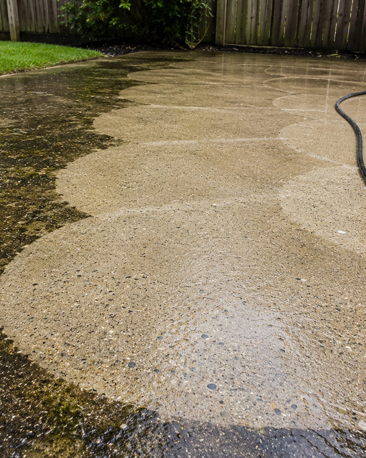 Ground level view of a concrete backyard patio in suburban Maryland showing a circular surface cleaner cleaning path with bright cleaned concrete contrasting dark stained surrounding surface