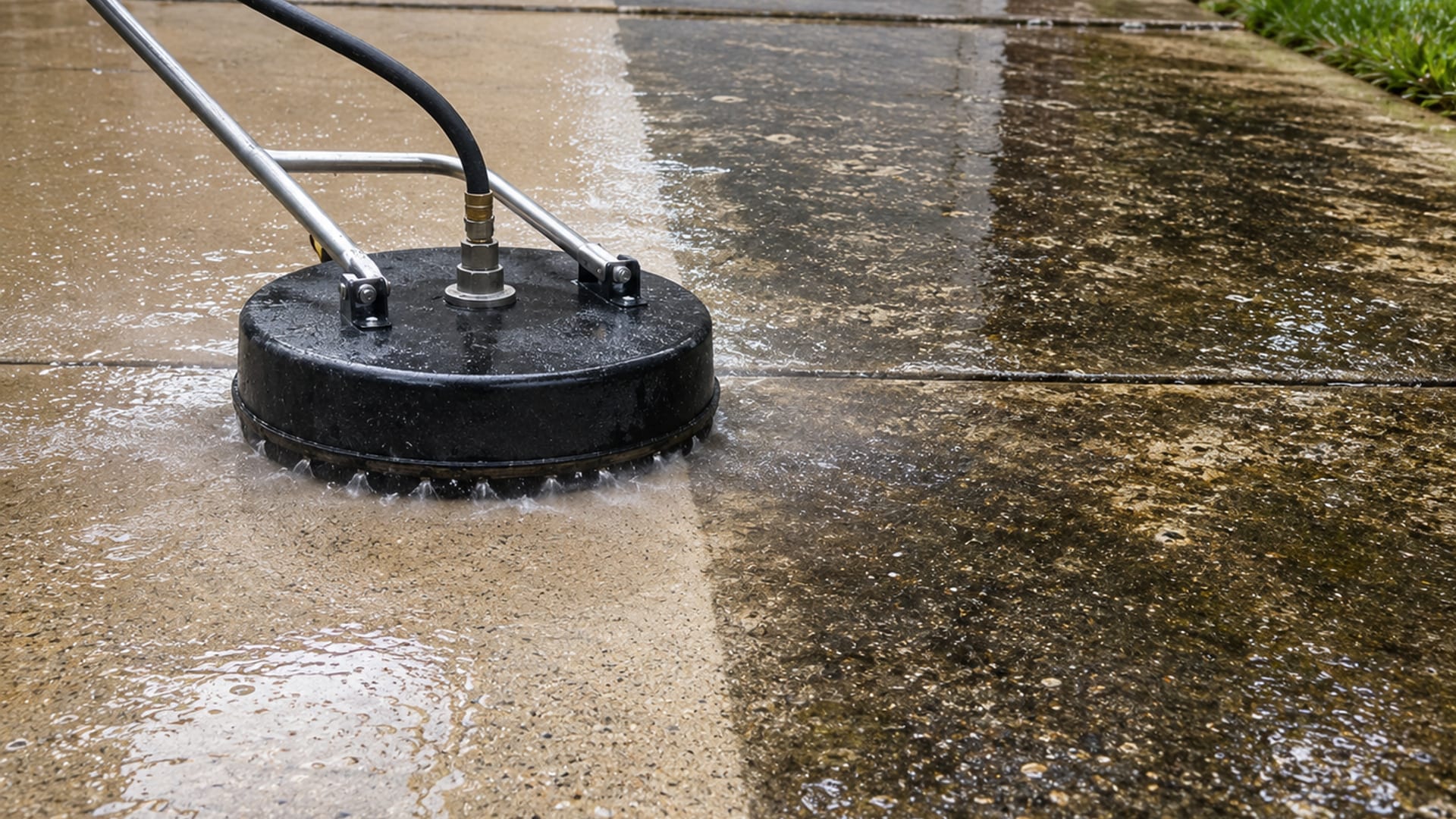 Close up of a rotating surface cleaner on a residential concrete driveway in Parkville Maryland showing a sharp clean versus dirty contrast line mid surface