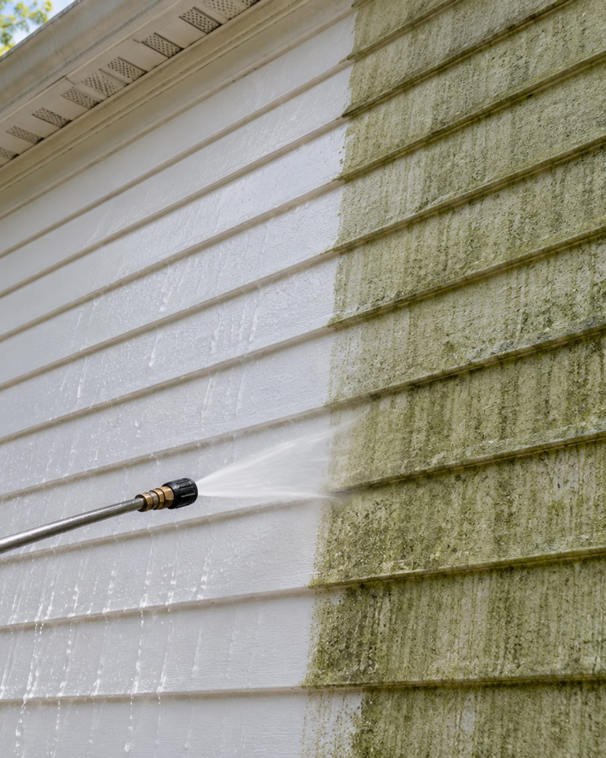 Angled close up of vinyl house siding on a Parkville Maryland home showing half cleaned bright white panels beside green algae streaked uncleaned siding with a pressure wash wand visible at the division line