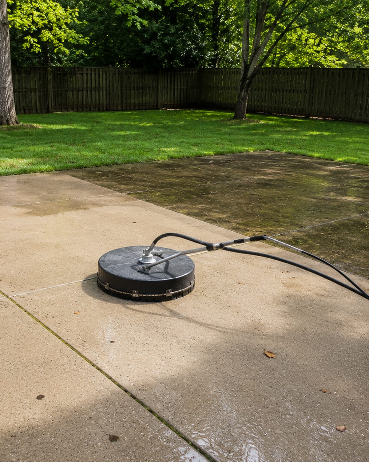 Freshly pressure washed concrete patio in a Perry Hall Maryland suburban backyard showing bright clean surface surrounded by green lawn and mature trees