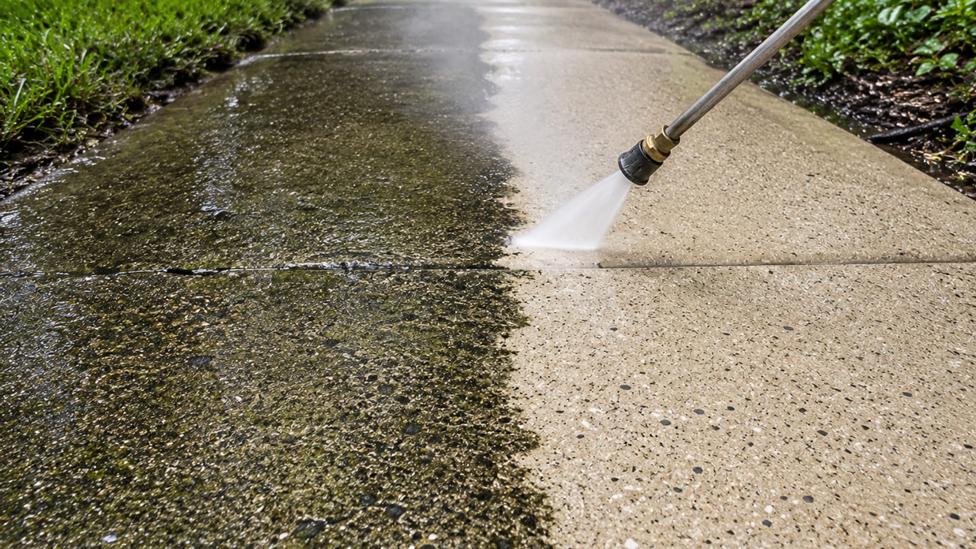 Close-up ground-level view of a residential concrete sidewalk being pressure washed in Pikesville Maryland showing a sharp clean line between stained and freshly cleaned concrete