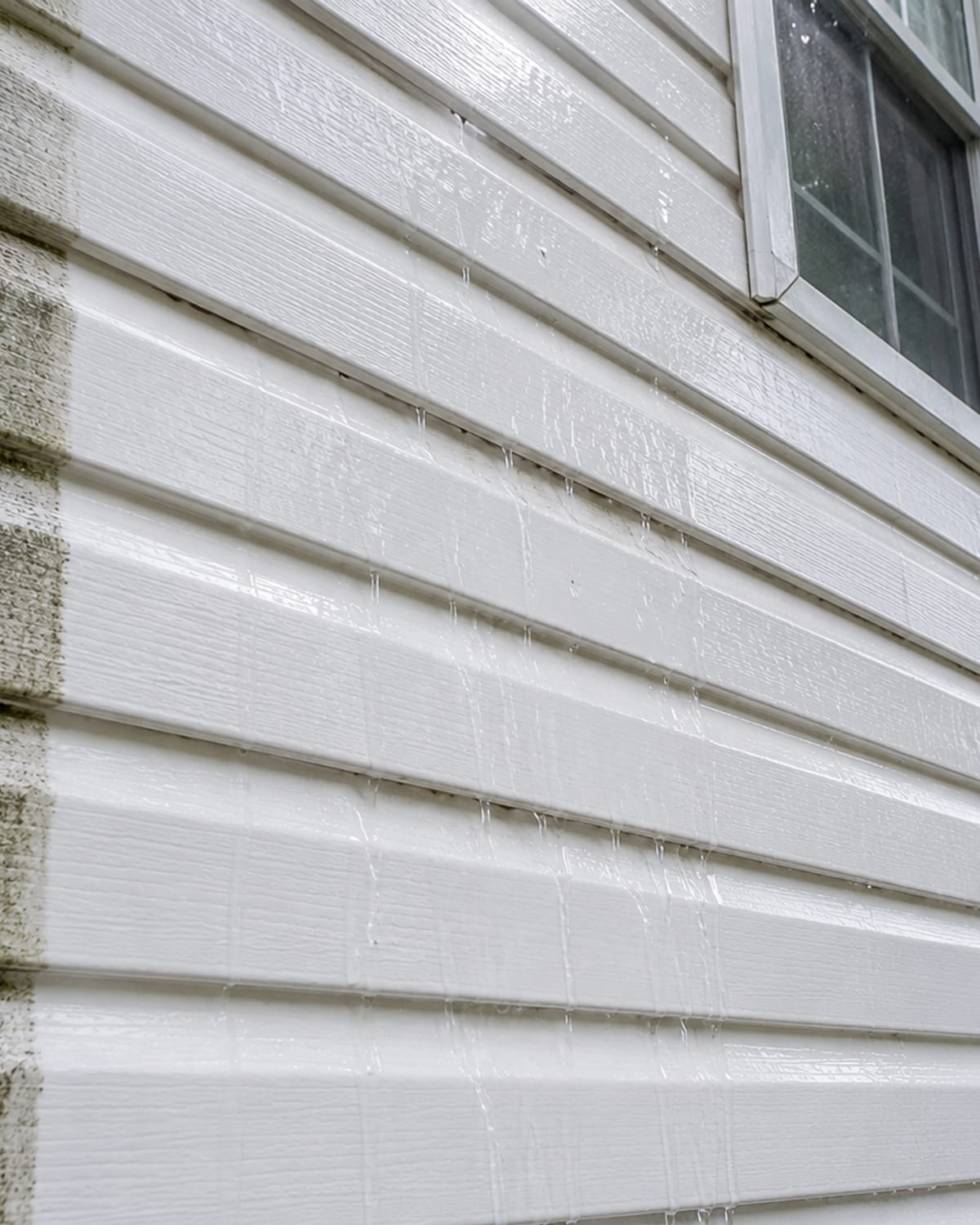 Close-up angled view of freshly pressure washed white vinyl siding on a Pikesville Maryland colonial home showing clean bright panels with water running down the surface