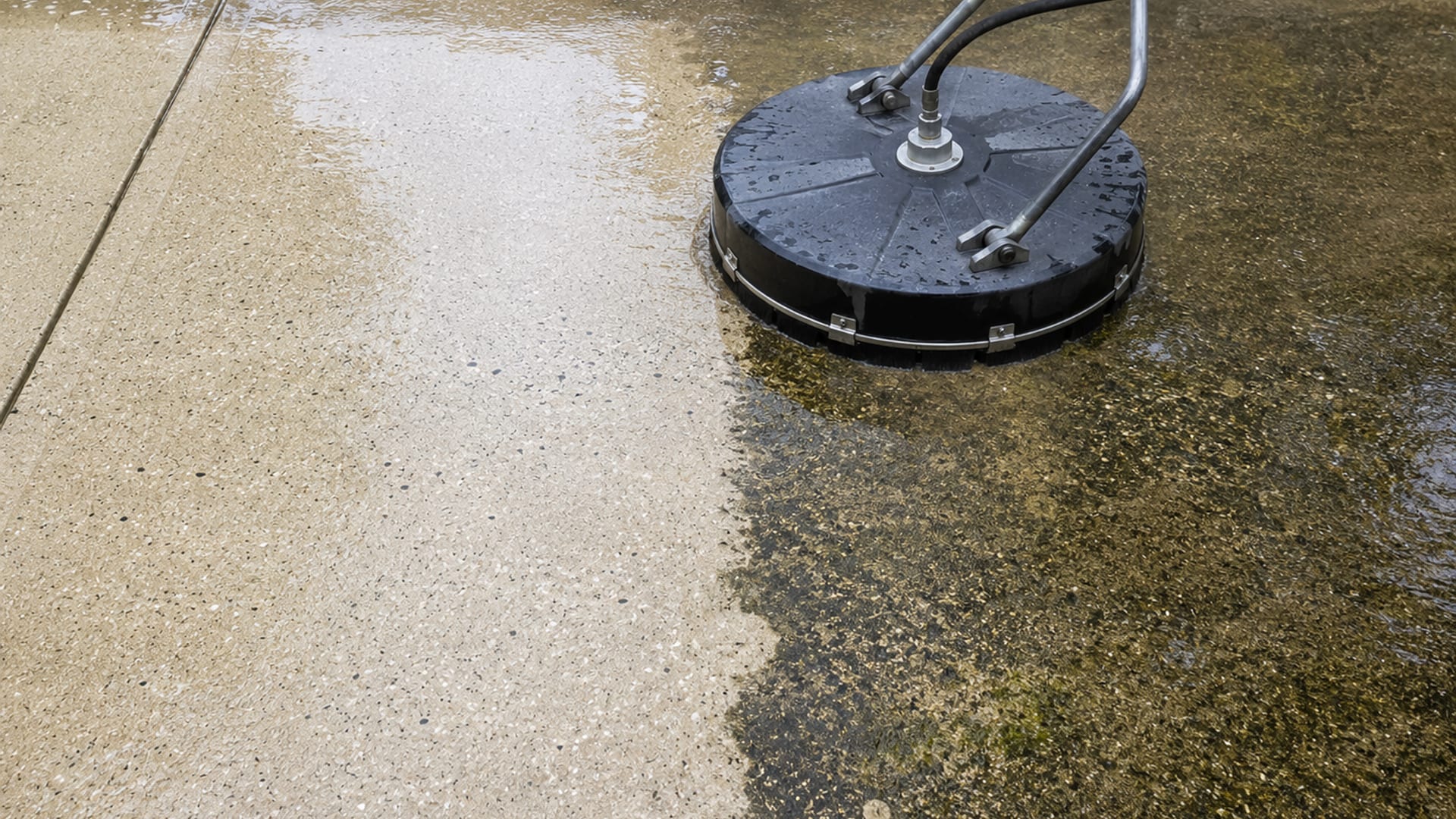 Close up of a concrete driveway surface being cleaned with a flat surface cleaner attachment showing a stark clean versus stained contrast line