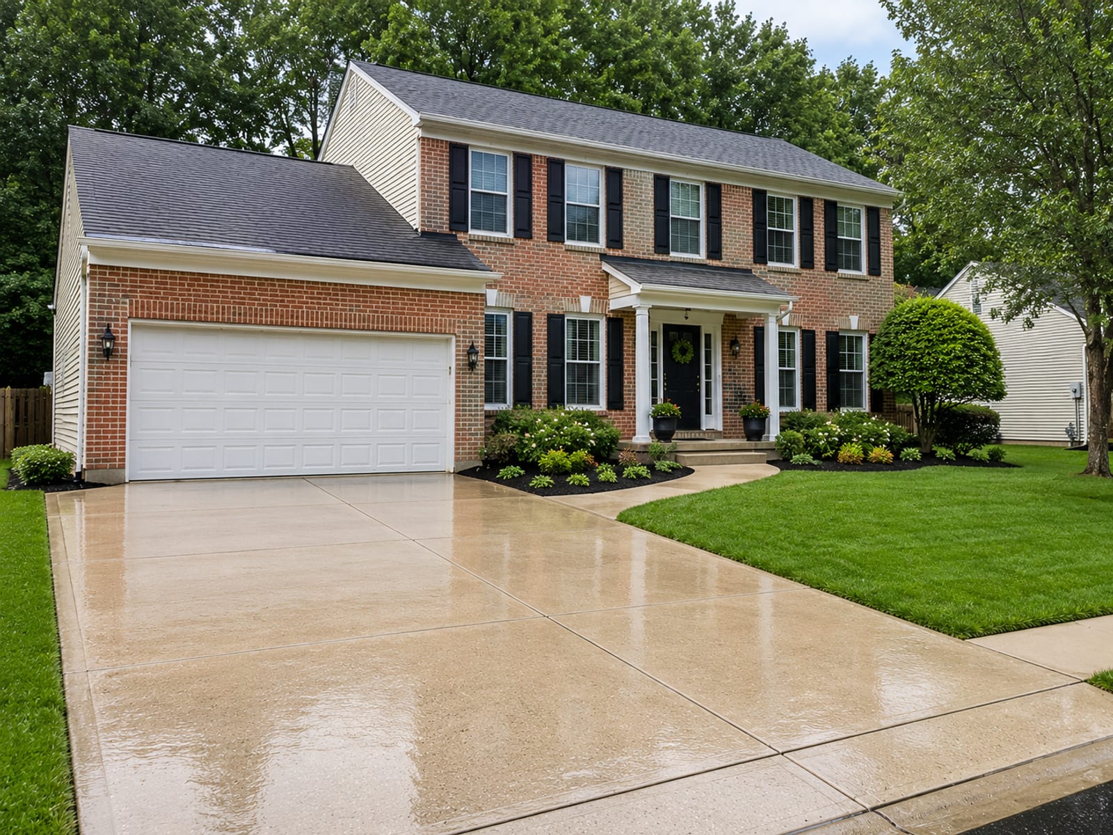 Wide view of a freshly pressure washed brick and vinyl-sided colonial home in a Randallstown Maryland suburb with clean driveway and lush green landscaping