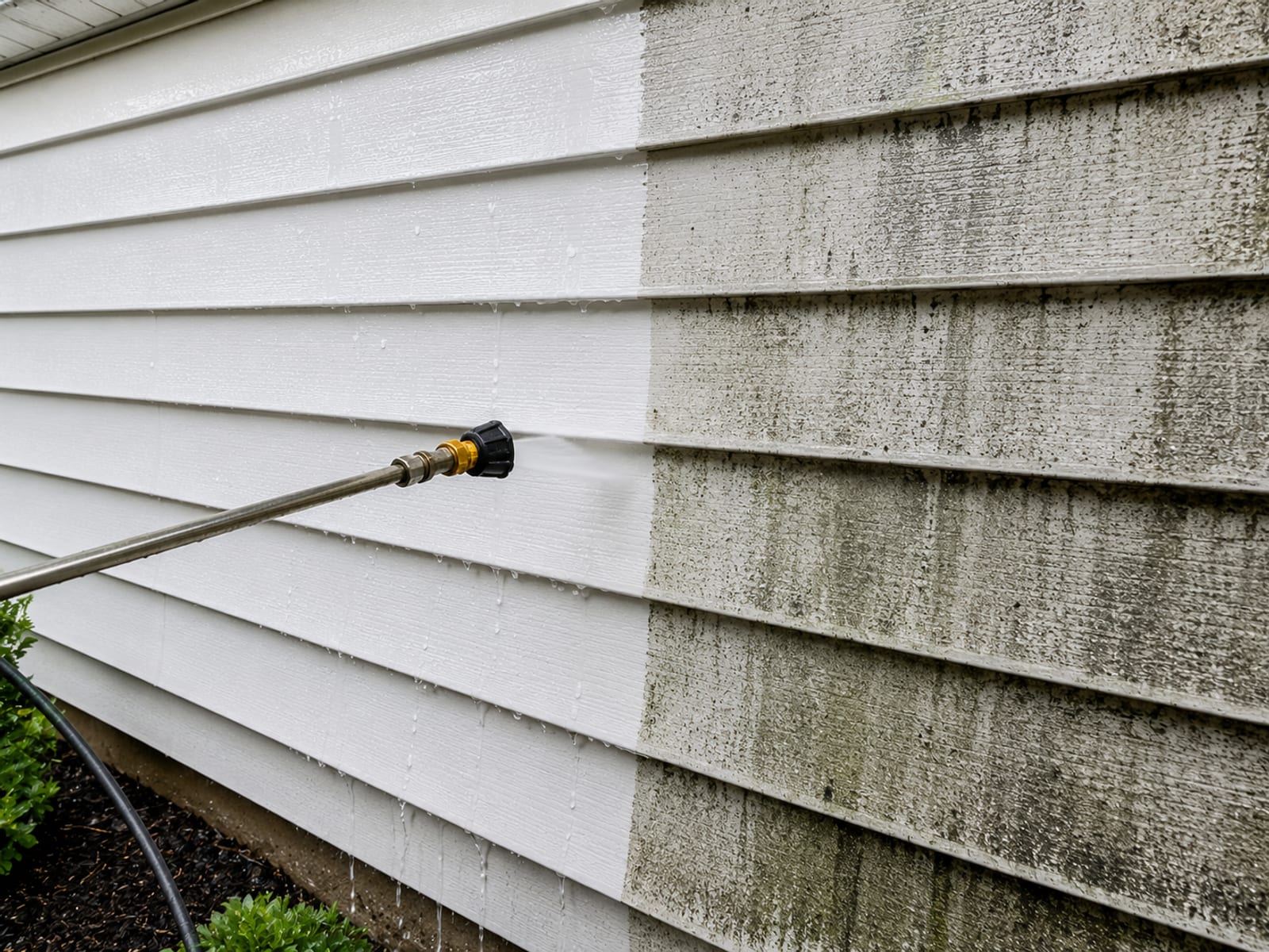 Close view of vinyl siding on a suburban Maryland home showing cleaned bright white panels on the left and dark mildew streaked panels on the right with a pressure wash wand visible at the boundary