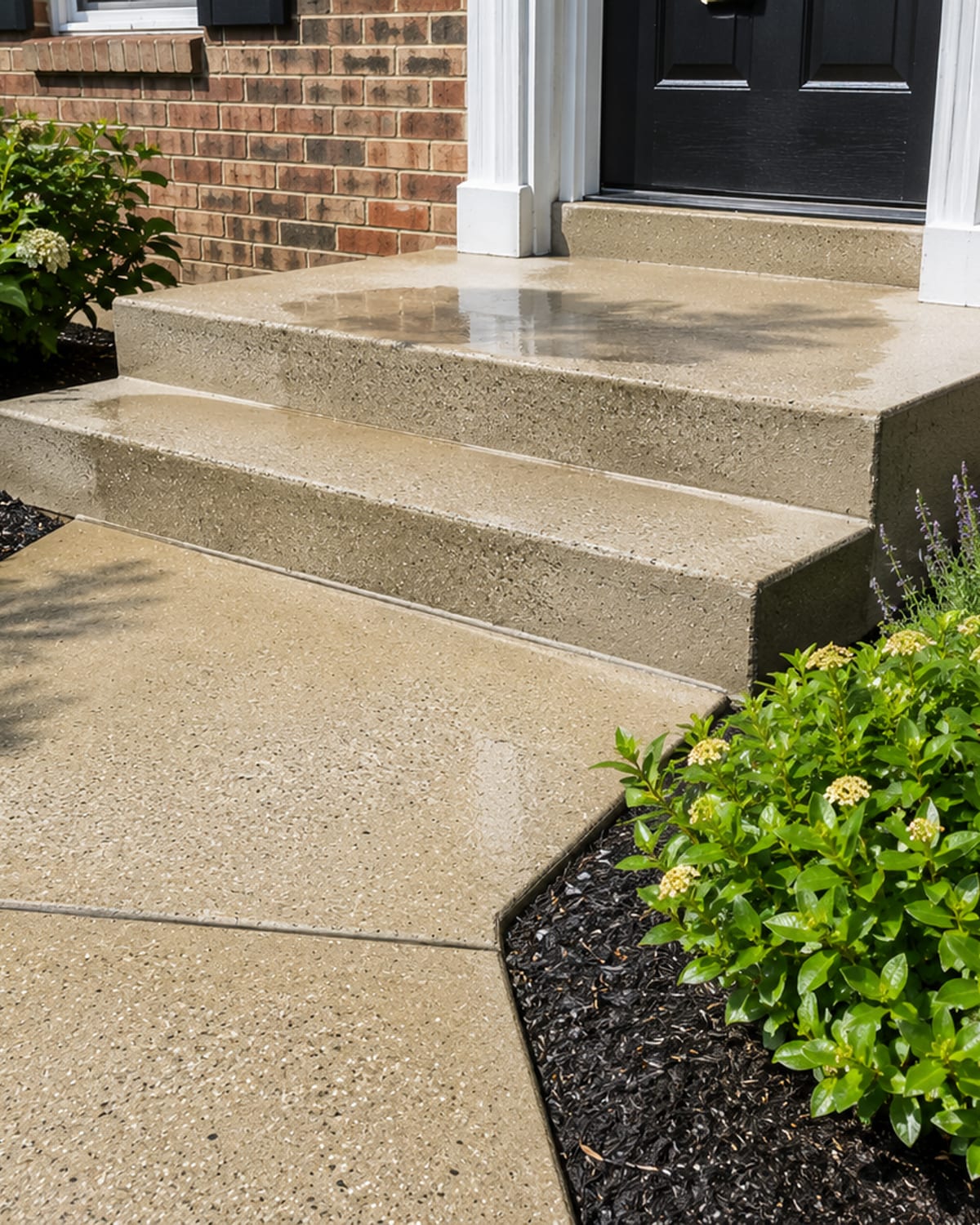 Freshly pressure washed concrete front steps and walkway leading to the entry of a brick suburban Maryland home with wet clean surface and bordered by green landscaping
