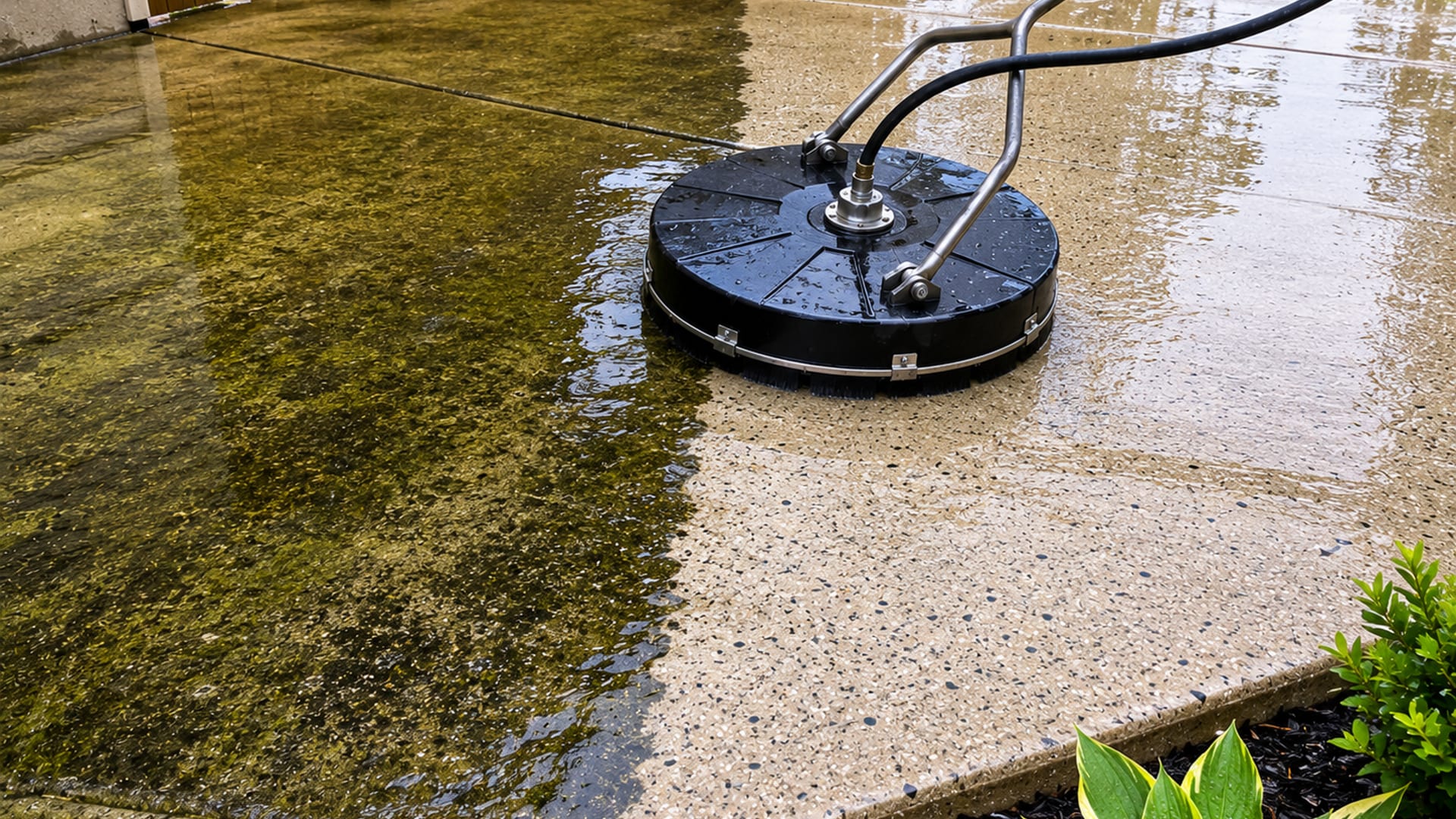 Close view of a backyard concrete patio surface mid-clean showing a dramatic contrast between algae stained concrete and bright freshly pressure washed sections