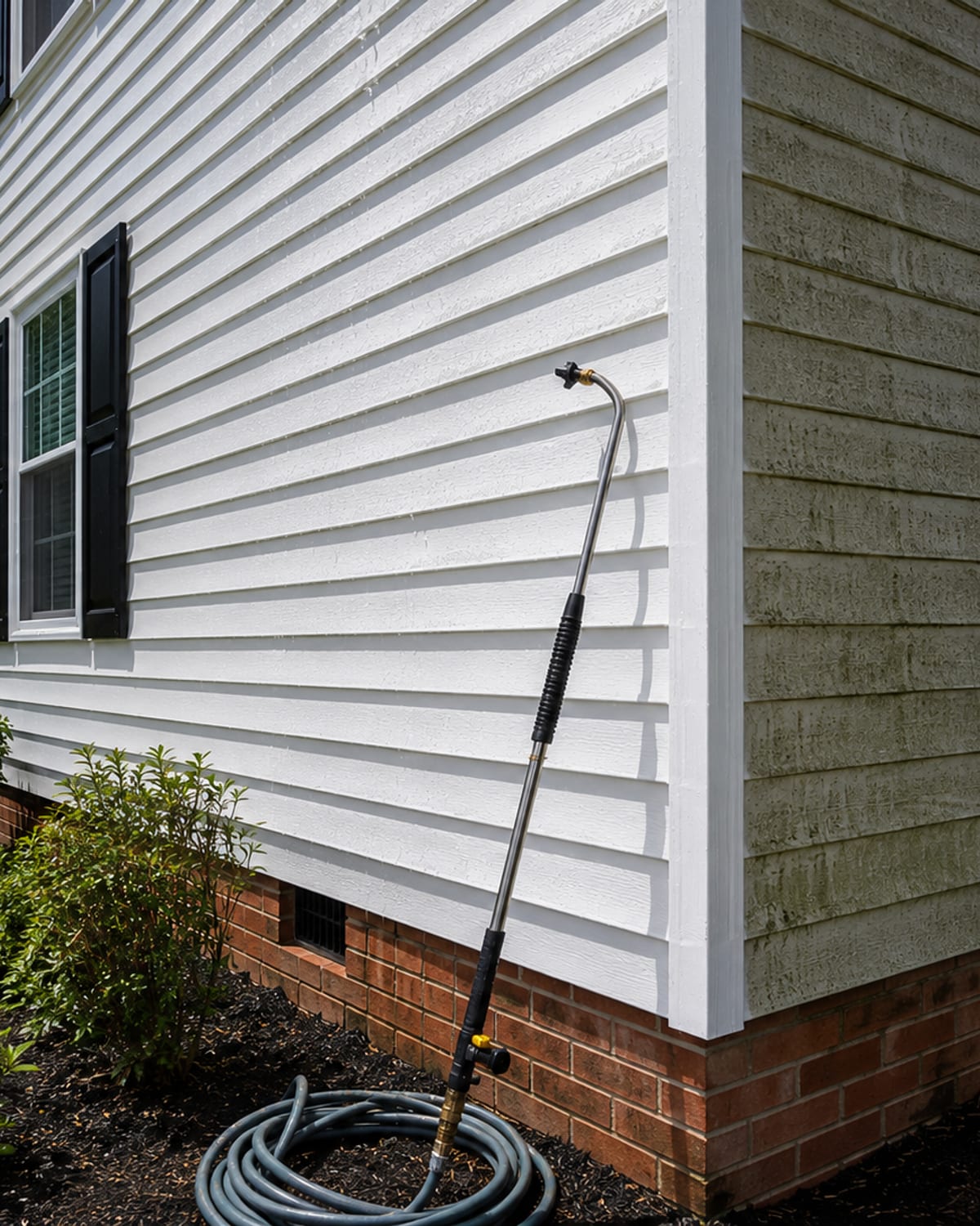 Close angled view of a vinyl sided colonial home corner showing sparkling clean white siding after pressure washing with a soft wash wand resting against the foundation