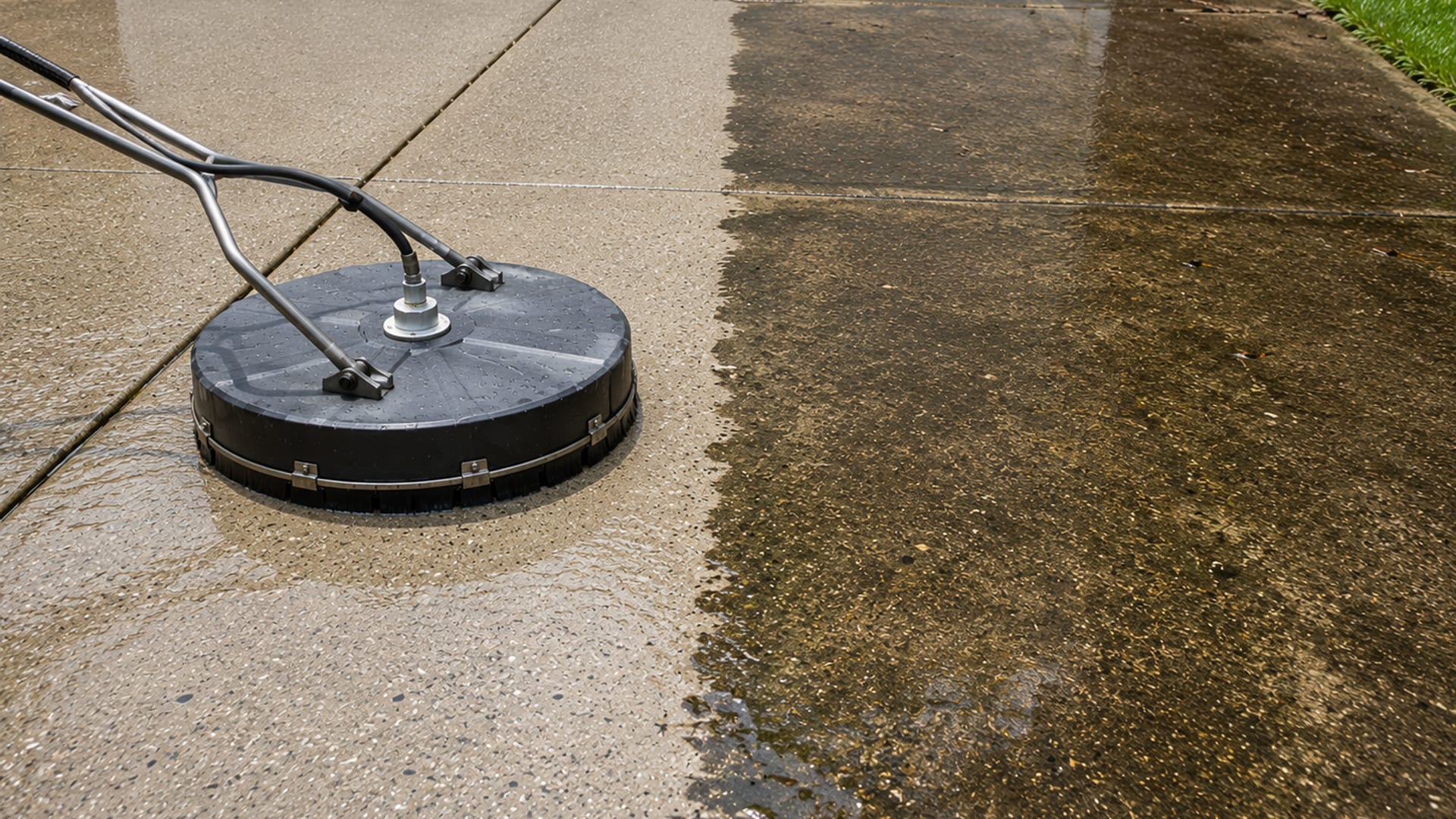 Close view of a concrete driveway surface half cleaned by a pressure washer surface cleaner showing dramatic before and after contrast with wet clean concrete beside stained weathered concrete