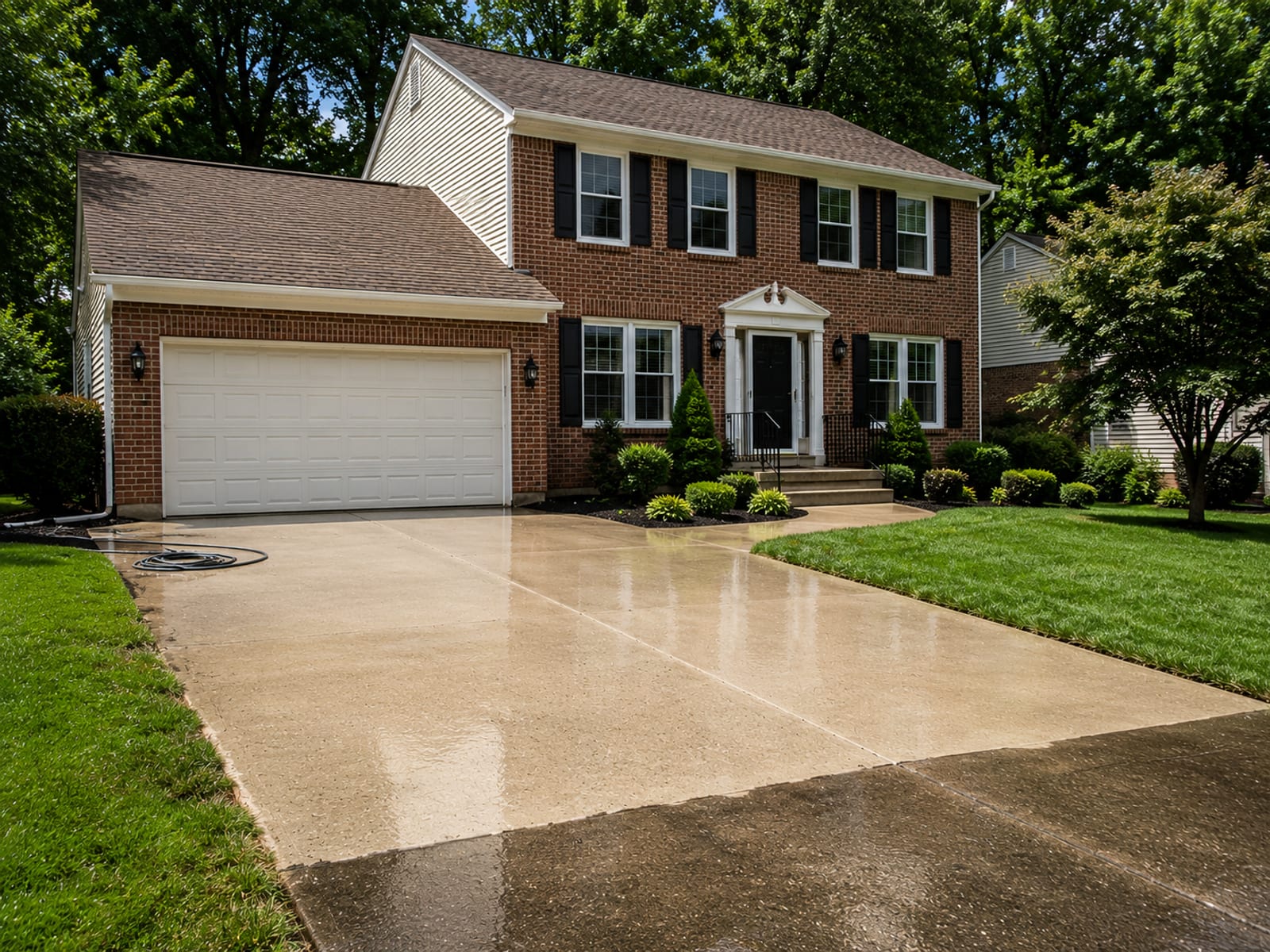 Wide front view of a freshly pressure washed brick and vinyl-sided colonial home in a Rosedale Maryland suburb with a clean concrete driveway and green lawn