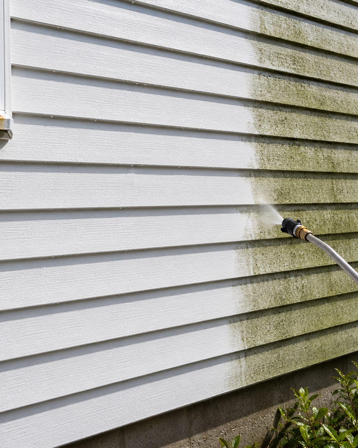 Close side-angle view of vinyl siding on a Baltimore County colonial home showing one panel section freshly pressure washed bright white beside adjacent grimy green algae streaked siding with a soft wash wand extended toward the surface