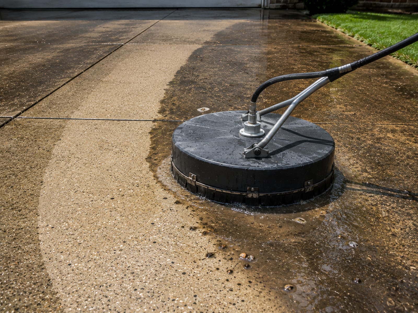 Close view of a rotating surface cleaner attachment moving across a stained concrete driveway revealing a bright clean path against darker grimy concrete