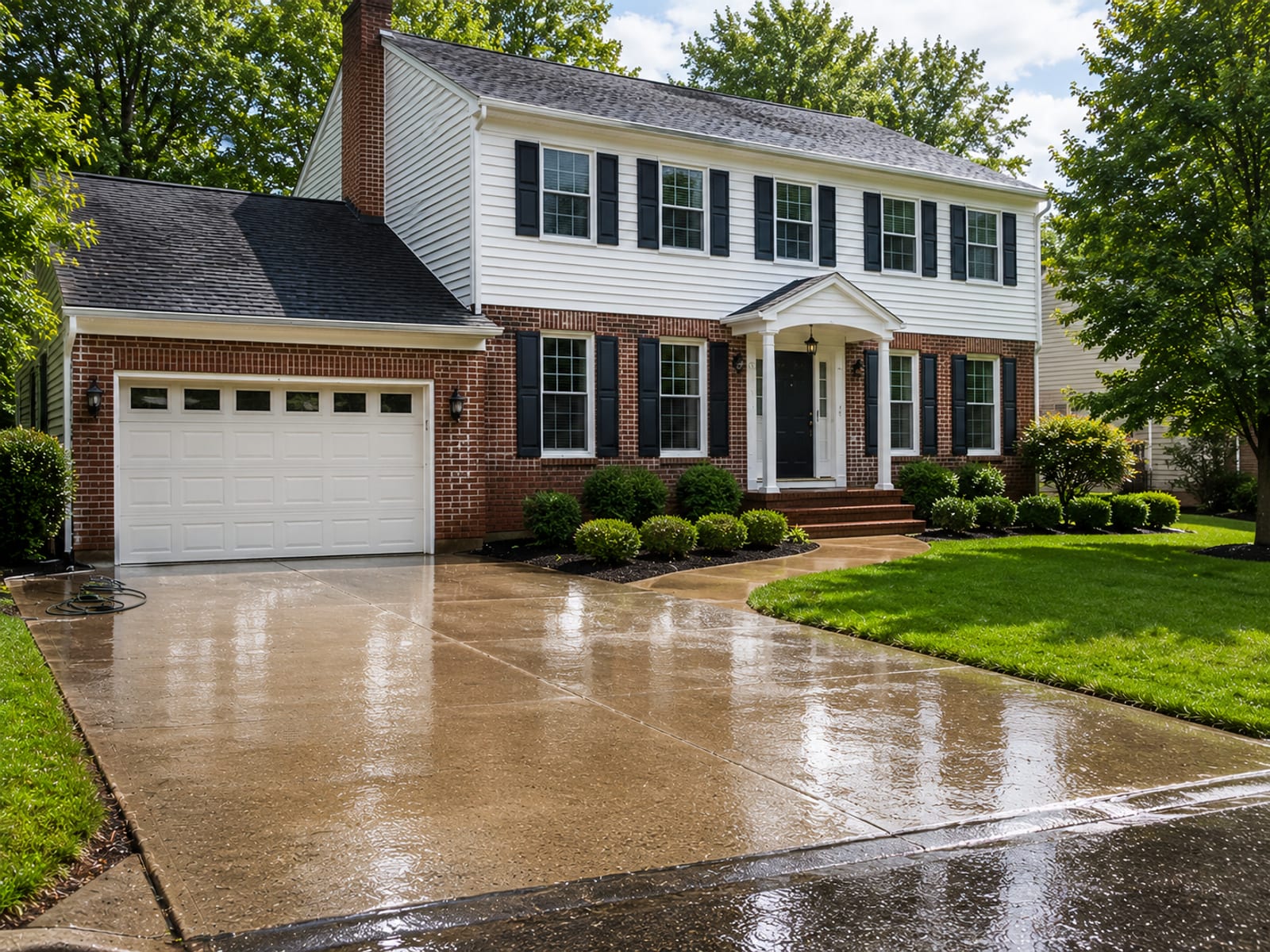 Wide view of a freshly pressure washed brick and vinyl colonial home exterior with clean driveway and walkway glistening in morning sunlight