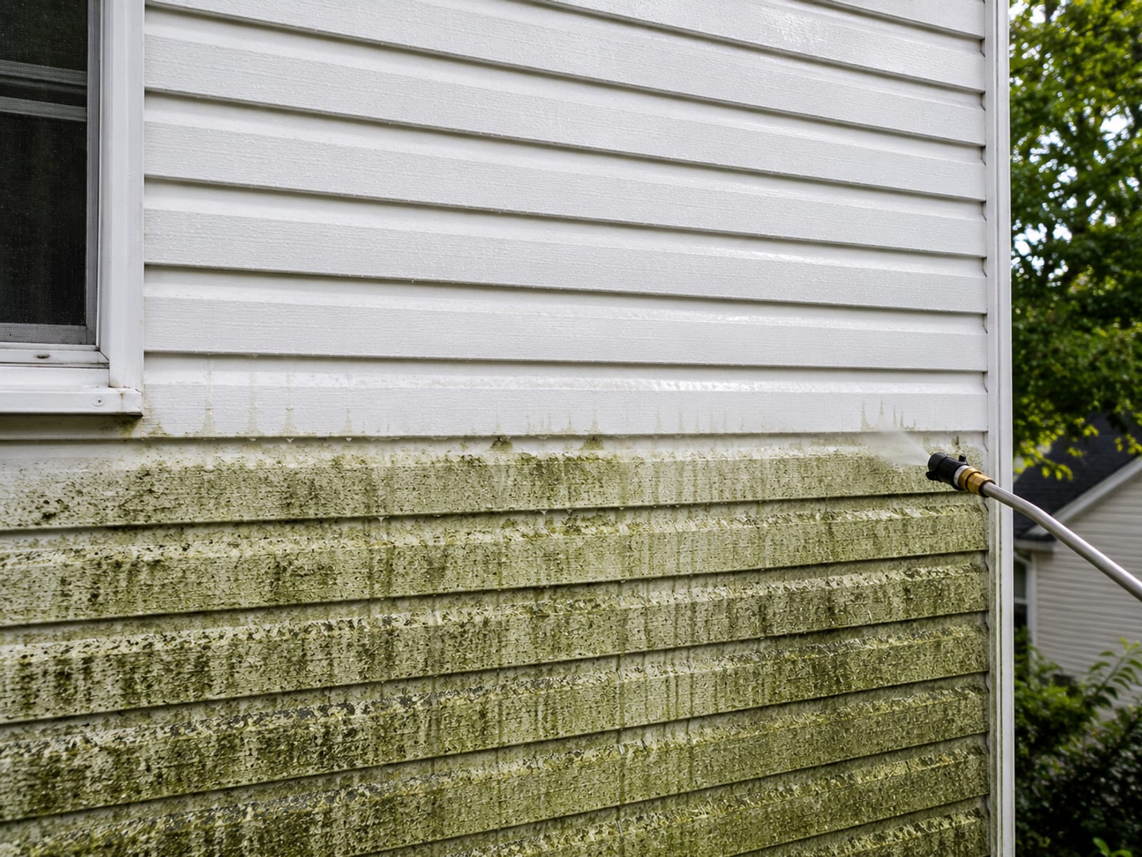 Side by side view of vinyl house siding where the upper half has been pressure washed clean and bright white while the lower half still shows heavy green algae and dark streaking