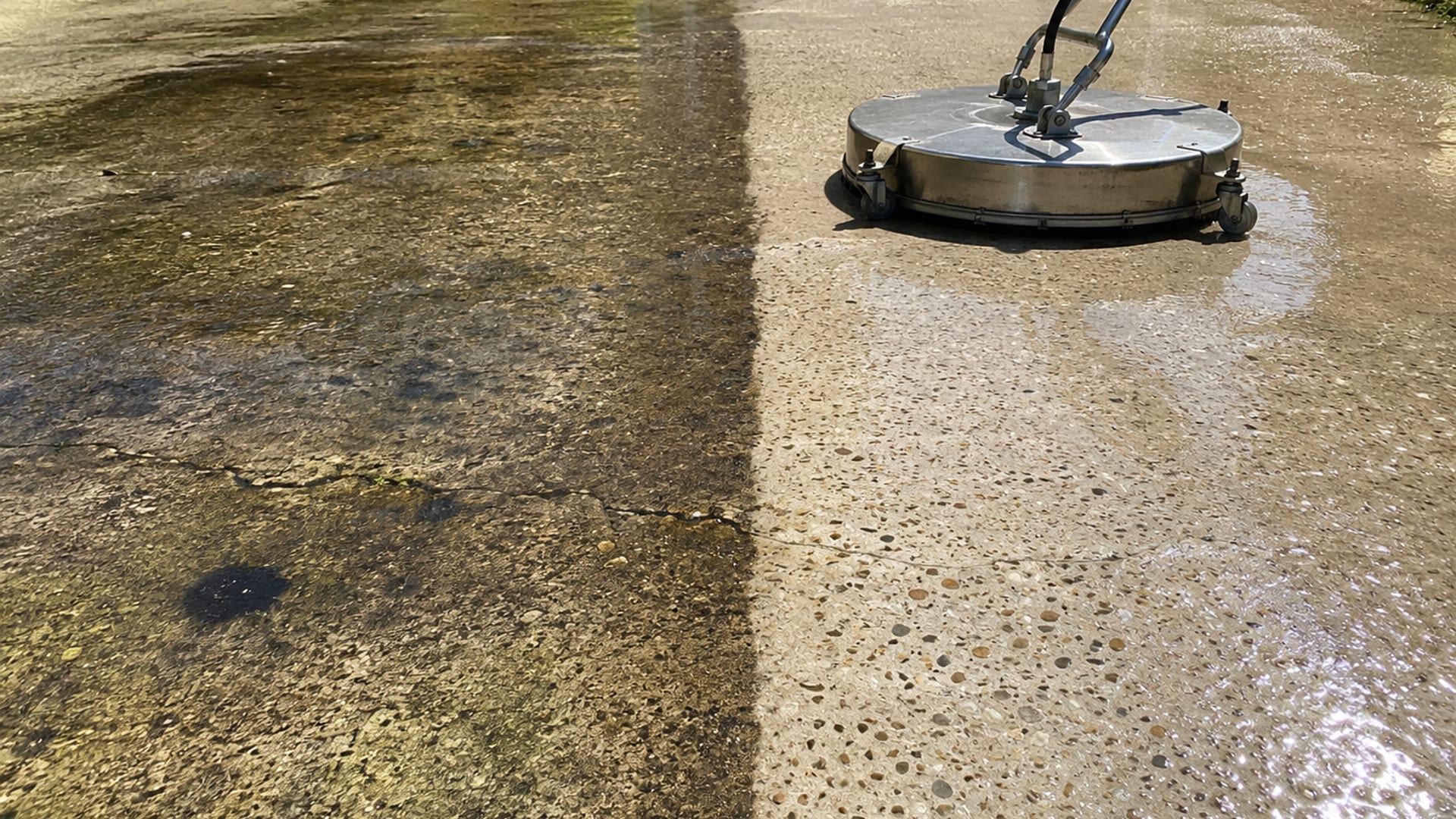 Close up of a concrete driveway being pressure washed showing a sharp contrast between a clean bright strip and the remaining dirty stained surface beside it