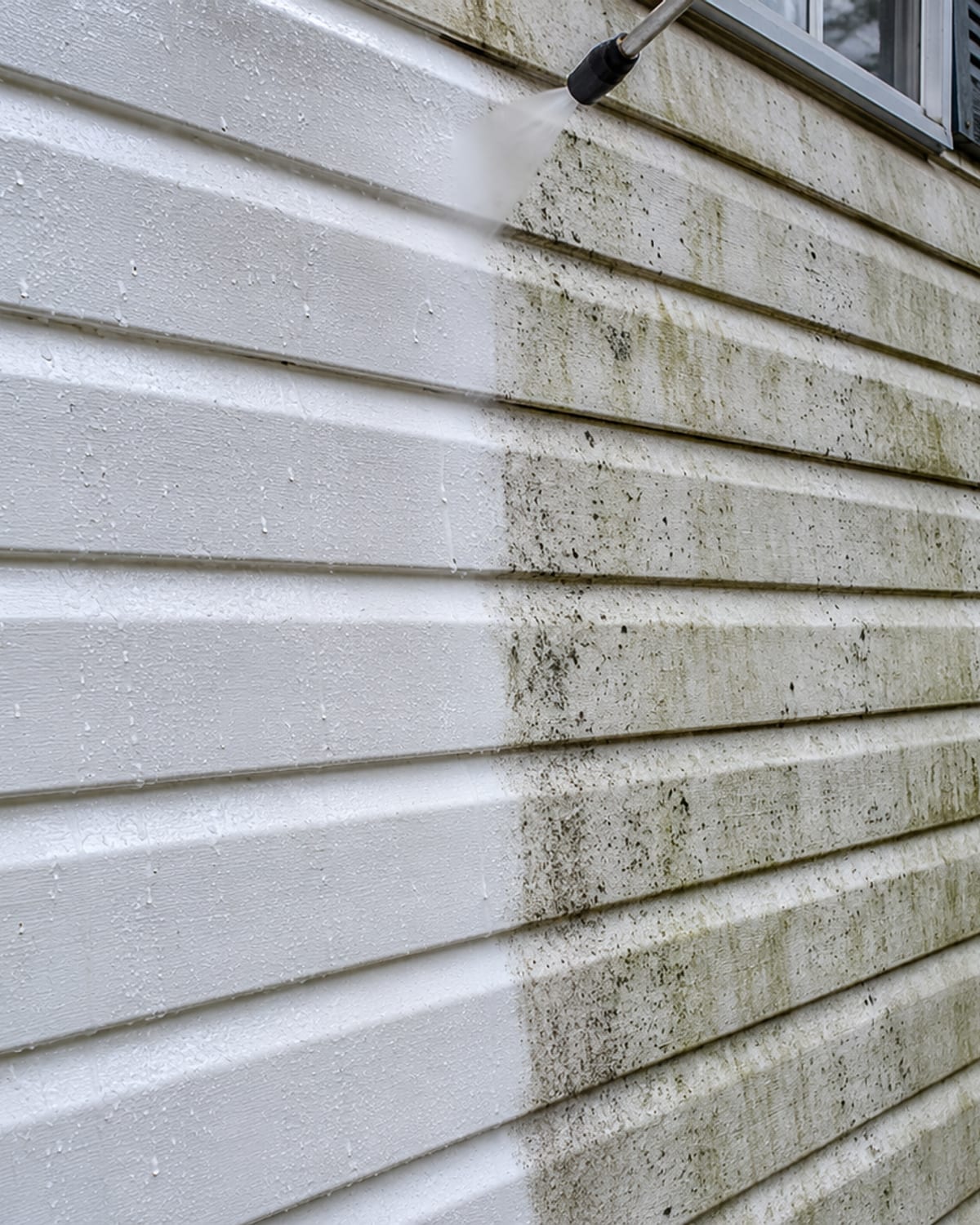 Close up detail of freshly pressure washed white vinyl siding on a residential home showing clean bright panels with water droplets and the edge of still dirty siding with visible green mold and algae streaks