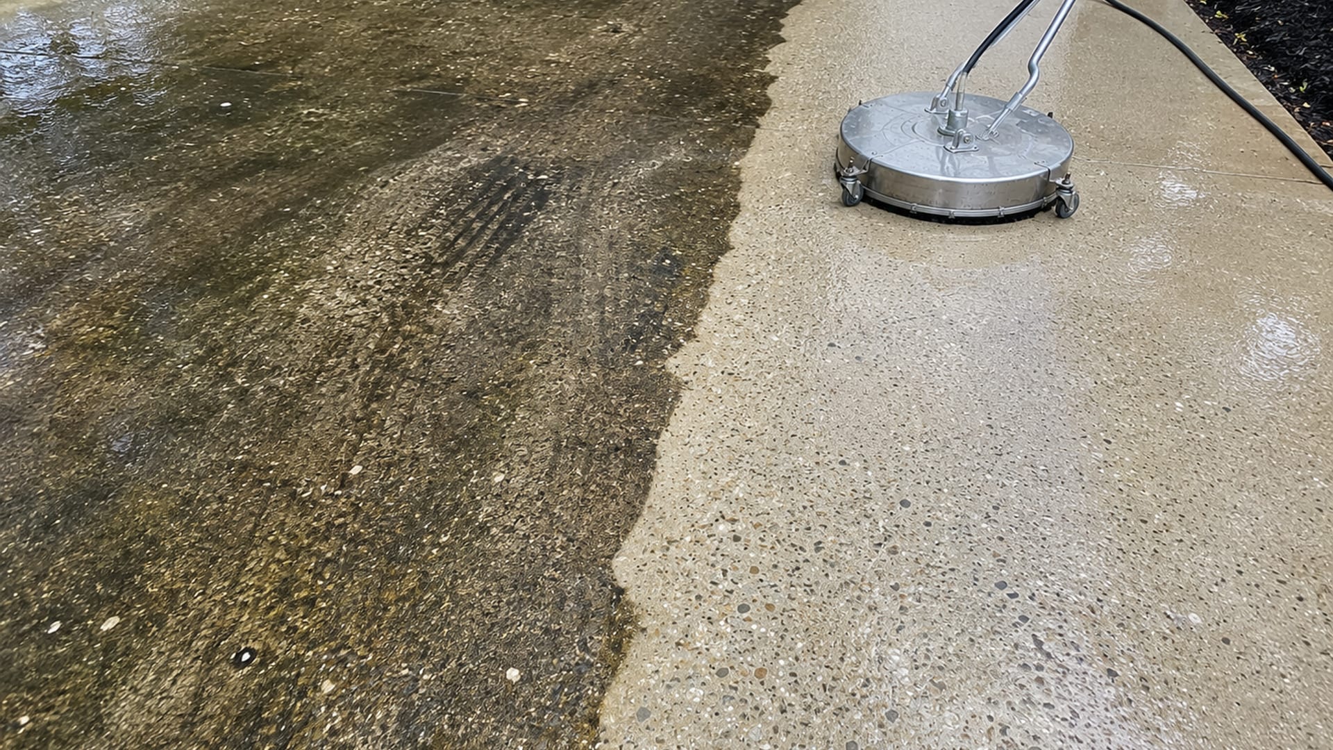 Close up of a concrete driveway split between a dark algae stained half and a freshly pressure washed clean half with sharp contrast line in a Maryland suburban setting