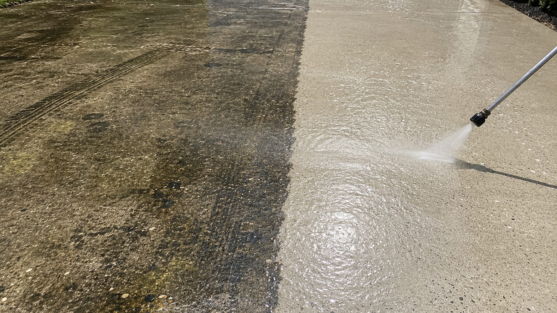 Close view of a residential concrete driveway mid-pressure wash showing a sharp contrast between a dark stained half and a bright freshly cleaned half with water running across the surface
