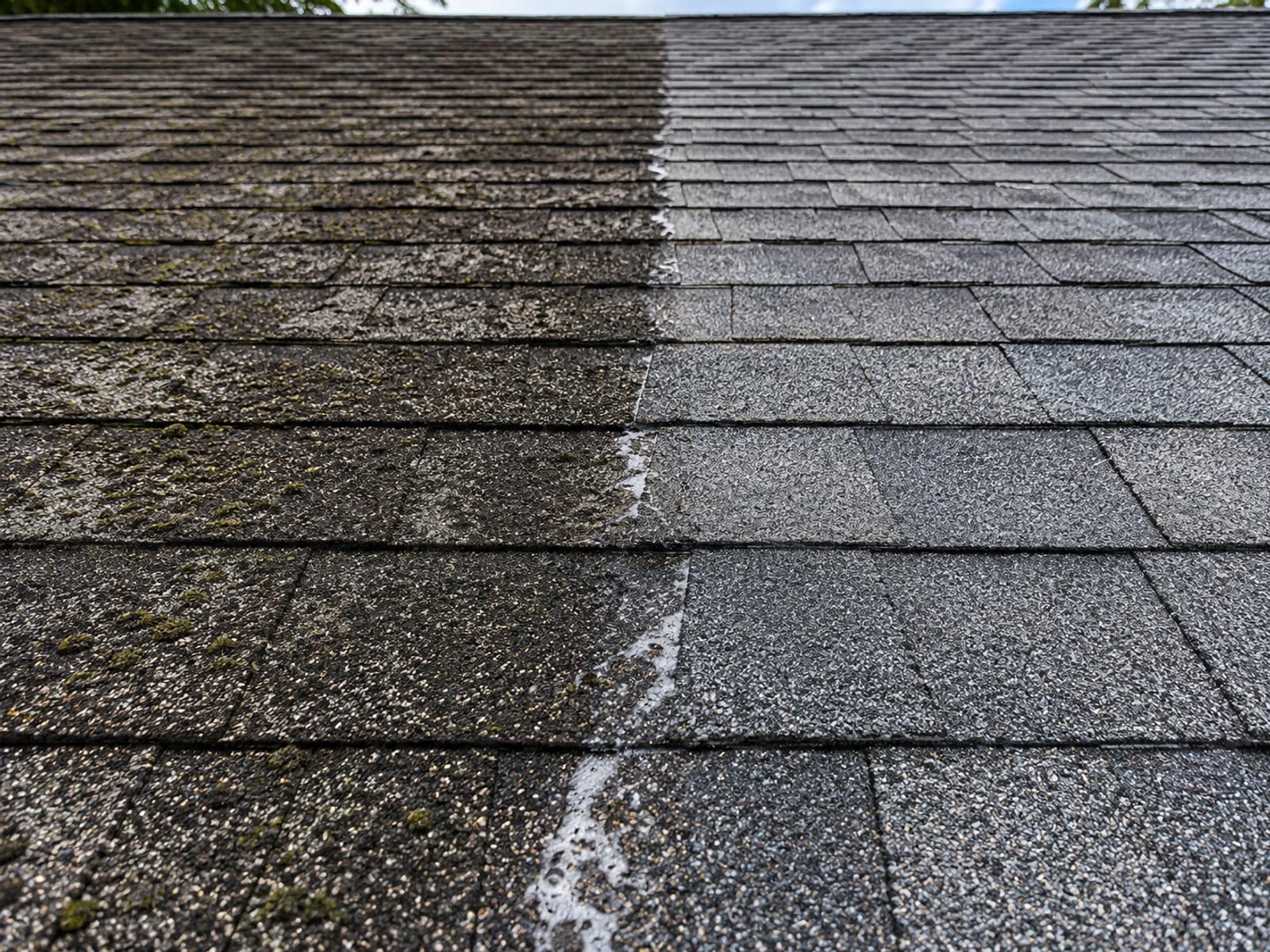 Close split-plane view of an asphalt shingle roof showing a sharp demarcation between a heavily black-algae-streaked section and an adjacent freshly cleaned section revealing clean charcoal gray shingles