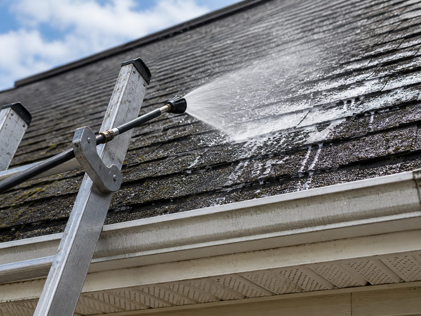 Unattended soft-wash application wand resting on a ladder hook beside a residential roofline with a gentle fan spray of cleaning solution visible across dark asphalt shingles