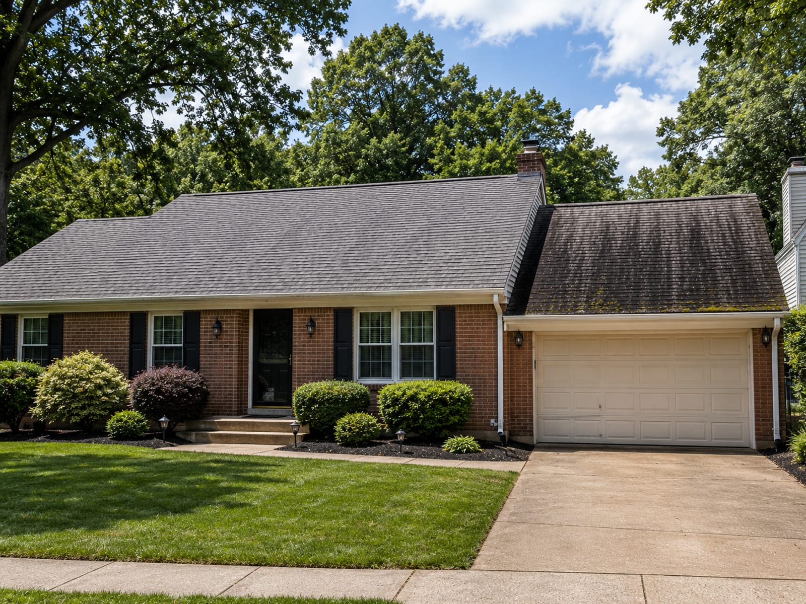 Street-level view of a single-story brick ranch home showing a clean asphalt shingle roofline with no algae streaking contrasted against dark staining visible on an untreated section of an adjacent garage roof