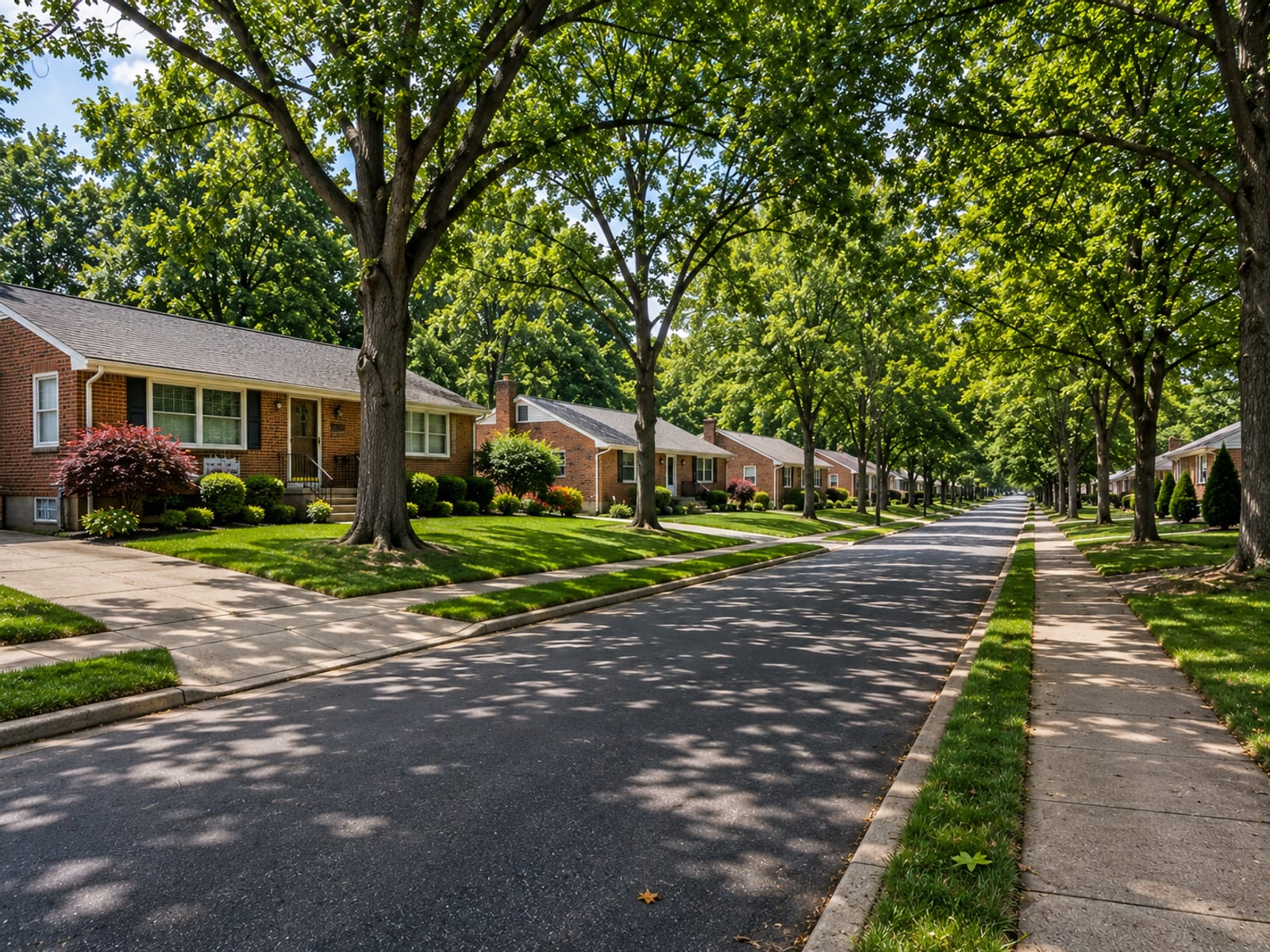 Street-level view looking down a Baltimore County neighborhood block showing multiple clean brick ranch homes under a canopy of mature summer trees