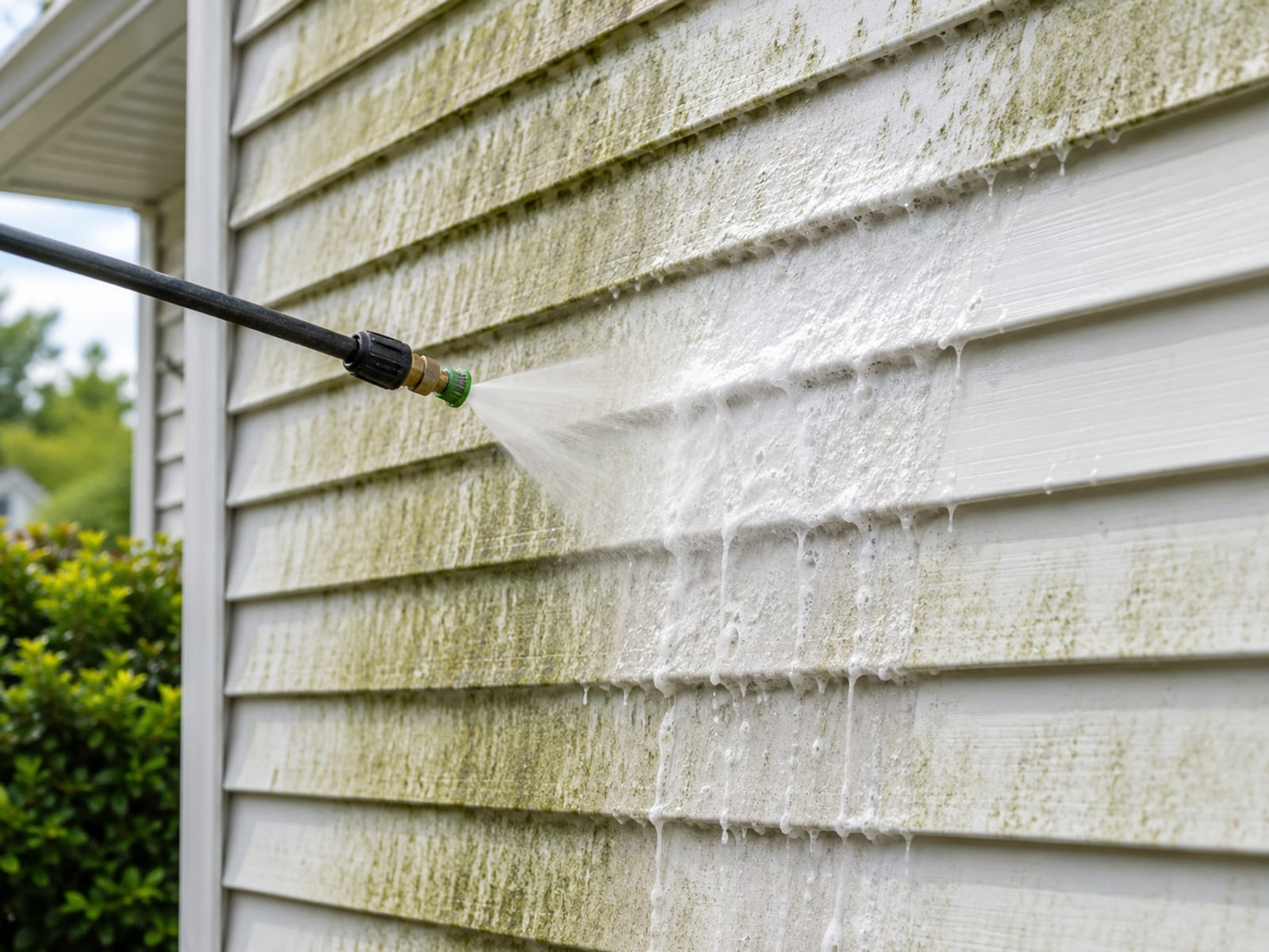 Close up of a soft wash wand nozzle spraying low pressure cleaning solution onto green algae streaked white vinyl siding on a suburban home showing the treatment in progress with running water and foam