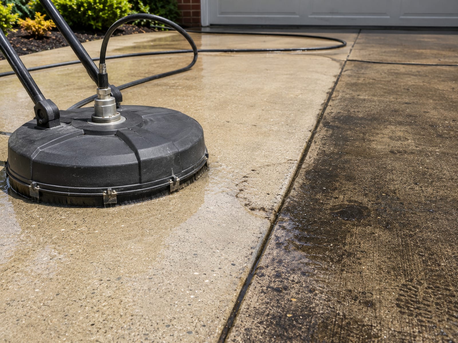 Close up of a spinning surface cleaner tool on a concrete driveway showing a sharp contrast between the freshly cleaned bright concrete path and the adjacent dirty oil stained surface