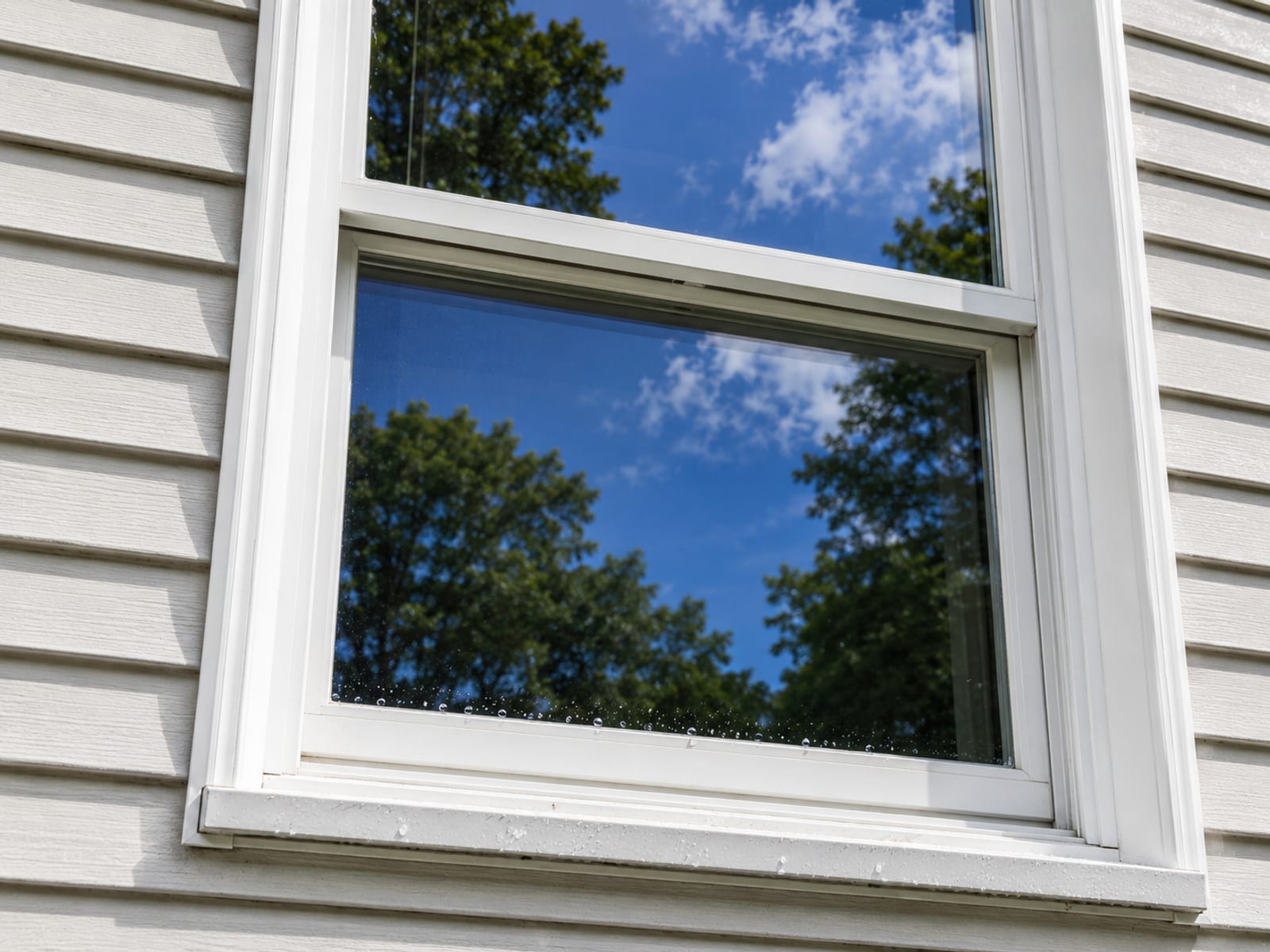 Close up of a freshly cleaned double-hung window reflecting bright sky on a vinyl sided colonial home