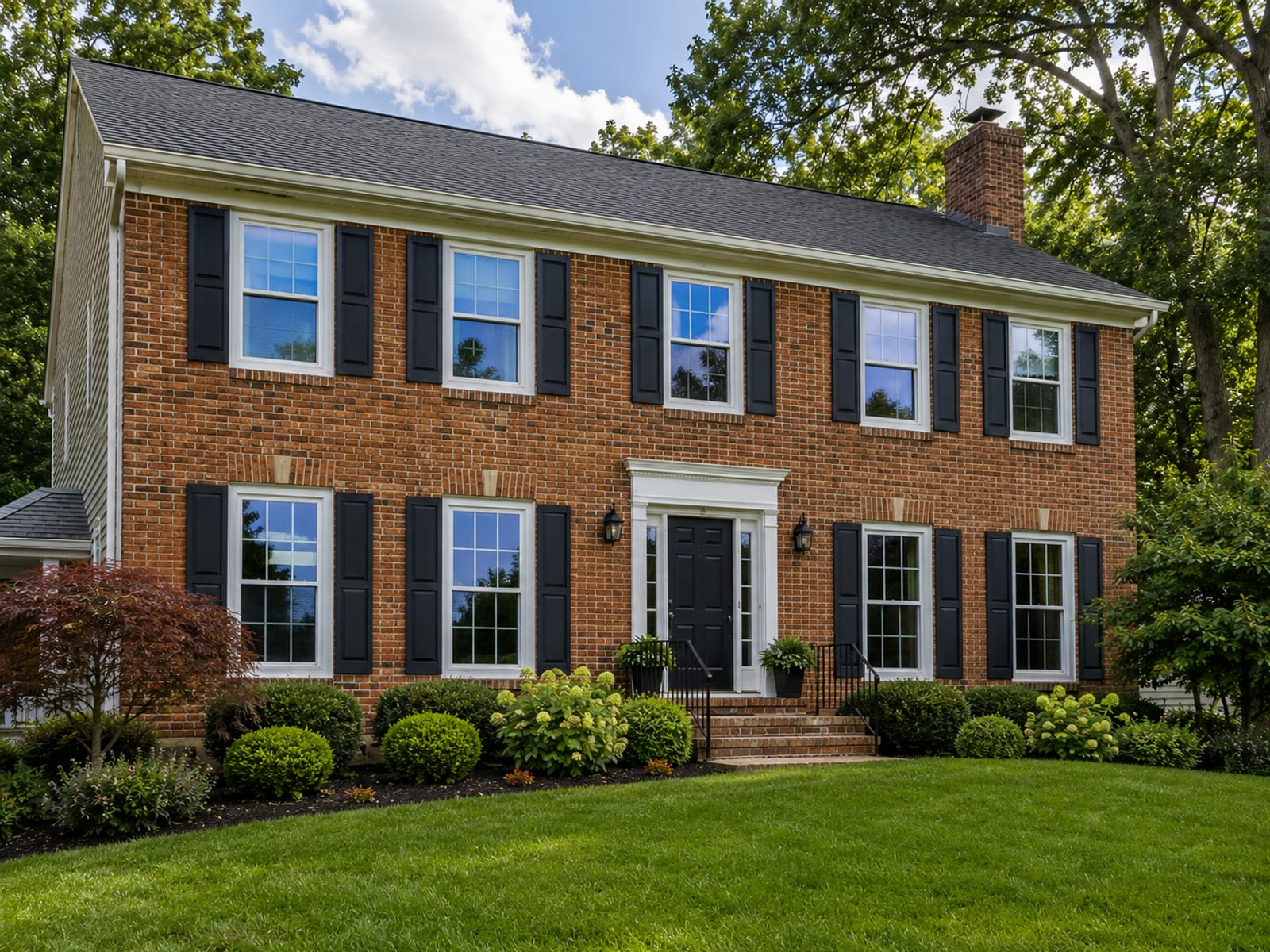 Front facade of a brick colonial home with sparkling clean windows reflecting afternoon sky