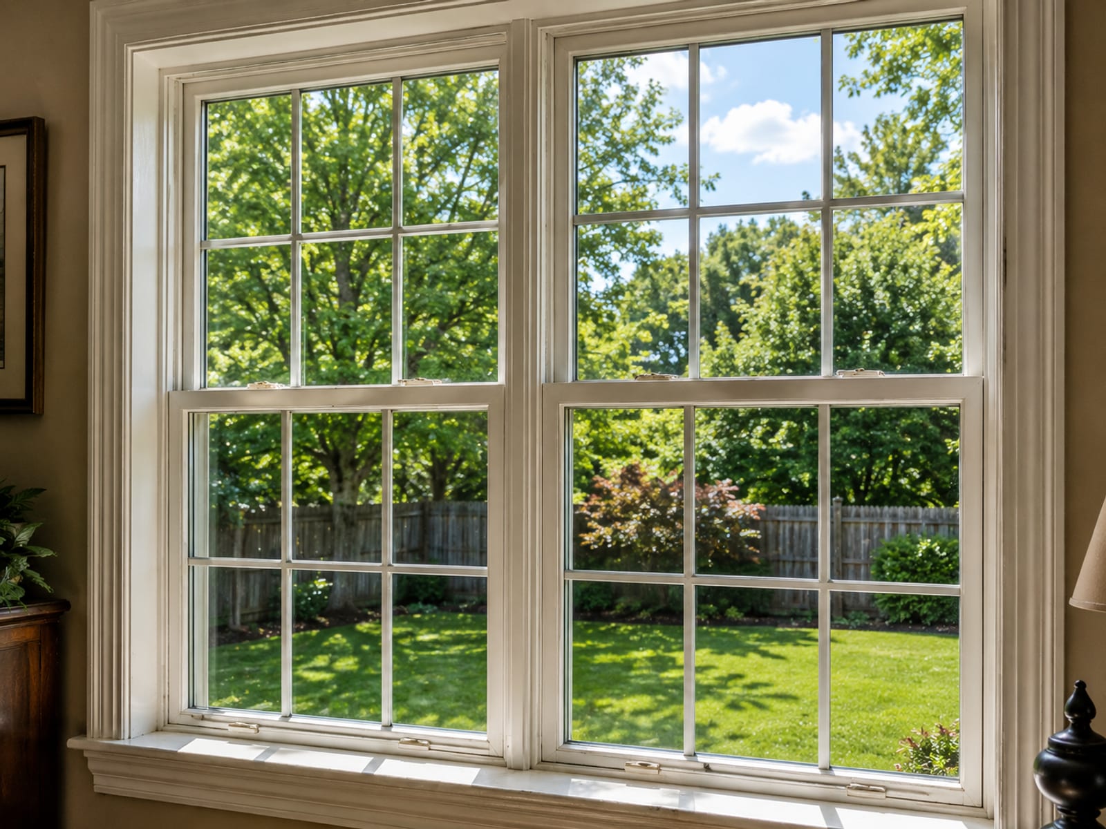 Interior perspective looking outward through freshly cleaned windows onto a green suburban backyard