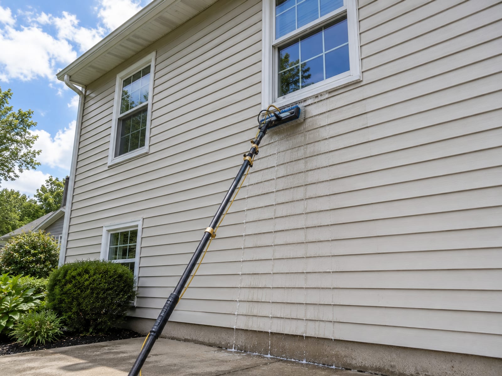 Unattended telescoping water fed window cleaning pole leaning against a vinyl sided home beside a second story window