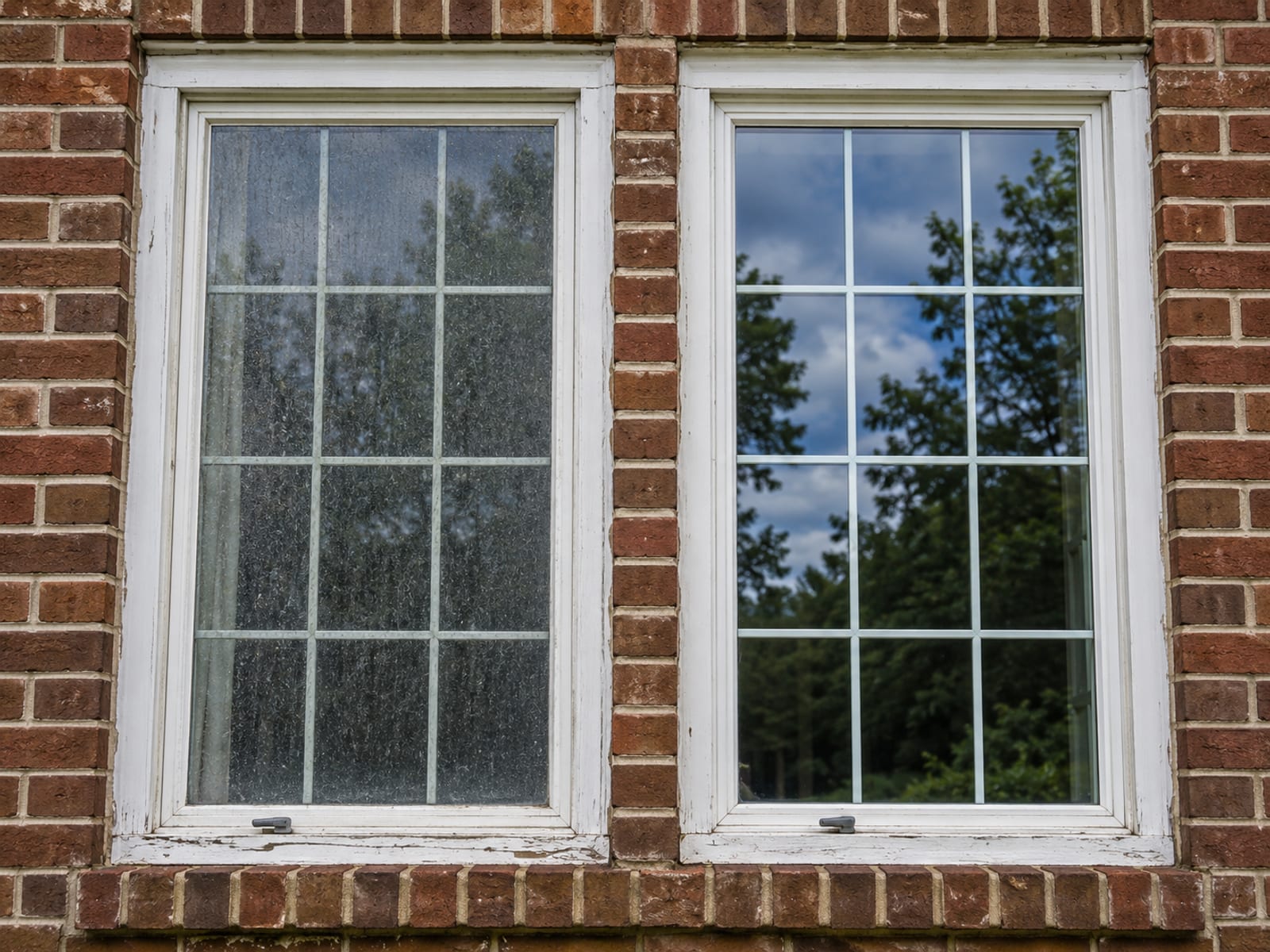 Two adjacent casement windows on a brick home showing one pane streaked with grime and one freshly cleaned